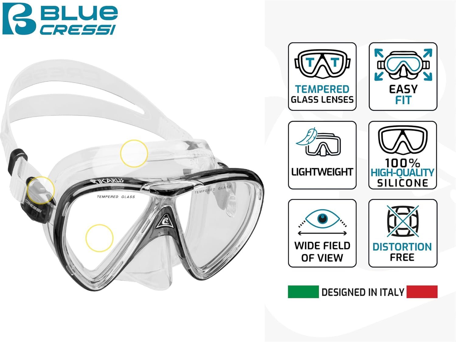 Communicates multiple key benefits of the diving mask in a visually segmented grid layout, reassuring shoppers of quality, comfort, and performance features. Highlights the physical placement of the…