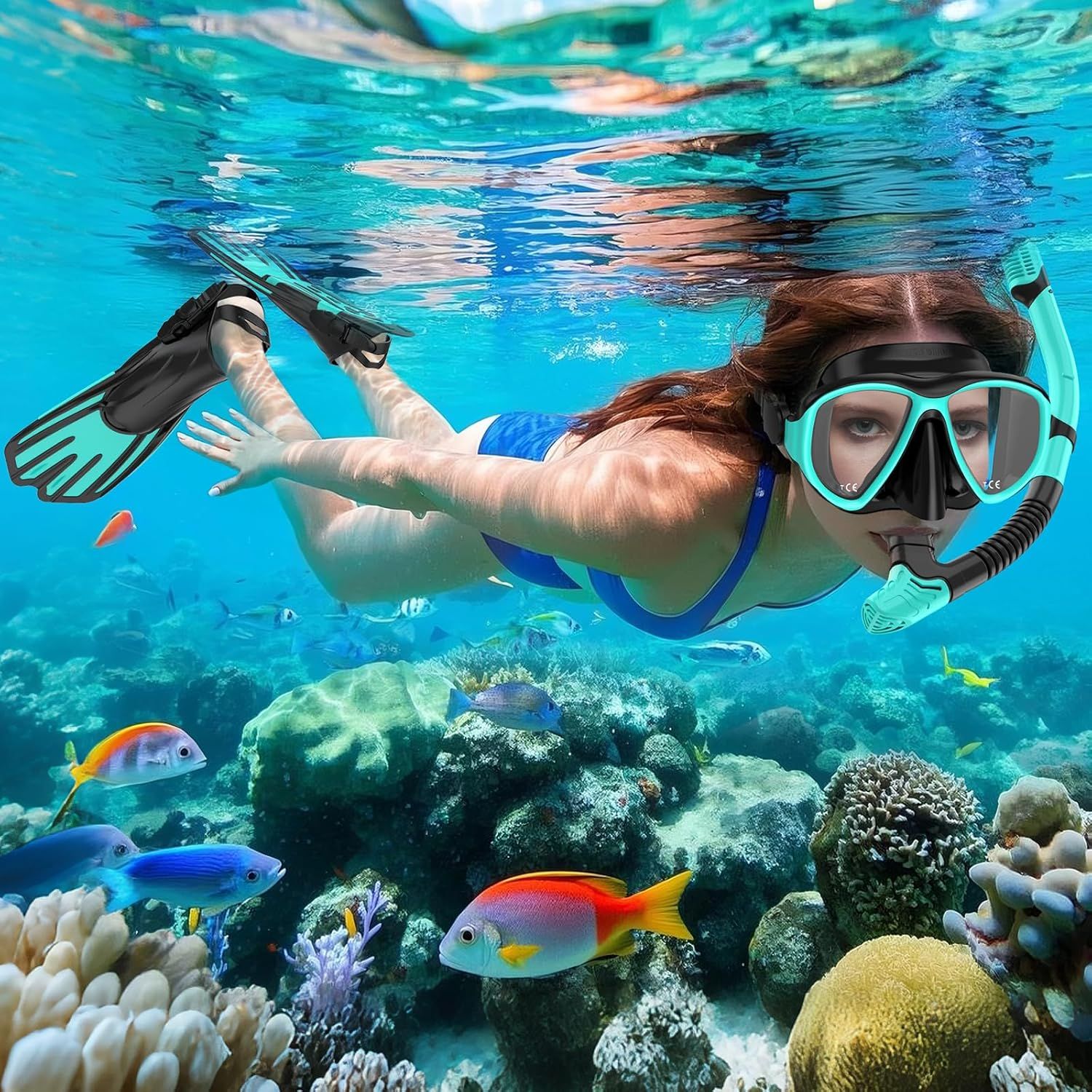 Demonstrates the product in use in a real-world underwater environment to help shoppers visualize themselves using the snorkel gear while exploring coral reefs and marine life.