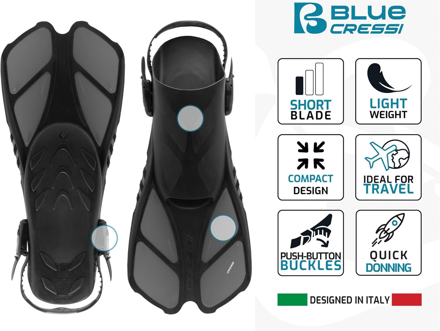 Showcases six distinct product benefits in a segmented icon-based layout to communicate versatility, portability, and ease of use for diving fins. Reinforces brand identity and Italian design…