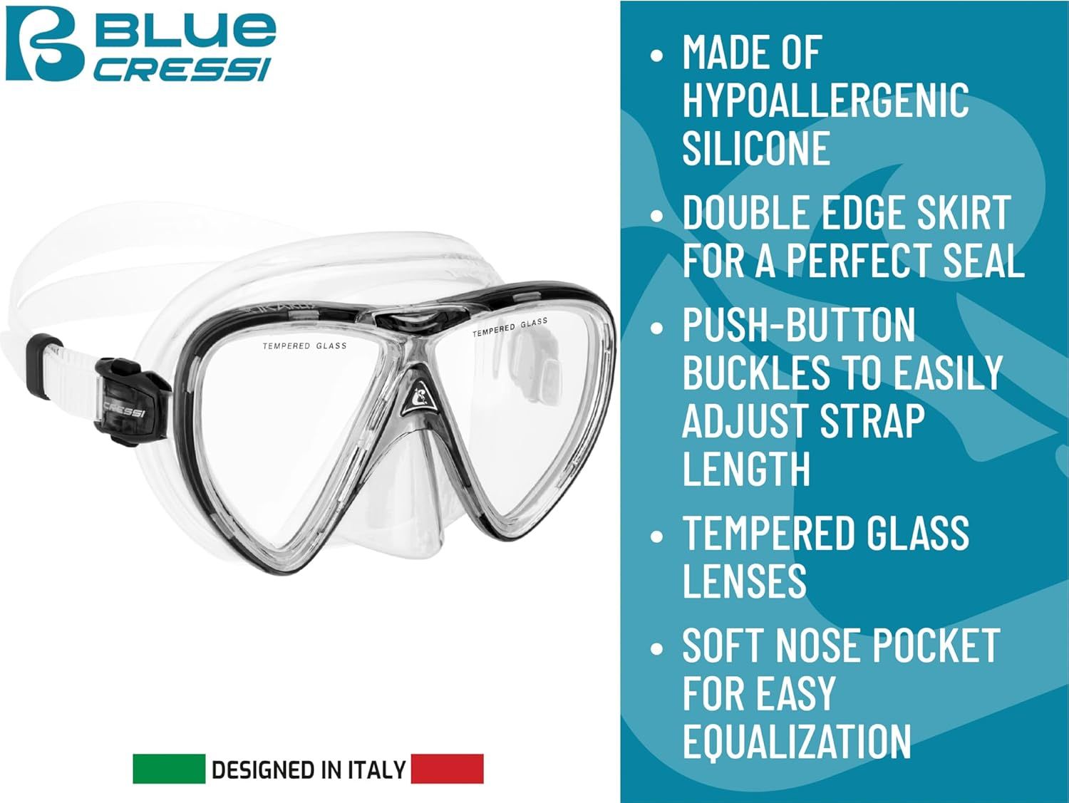This image showcases multiple distinct features and benefits of the diving mask in a bulleted list format, highlighting material quality, seal effectiveness, ease of adjustment, lens durability, and…