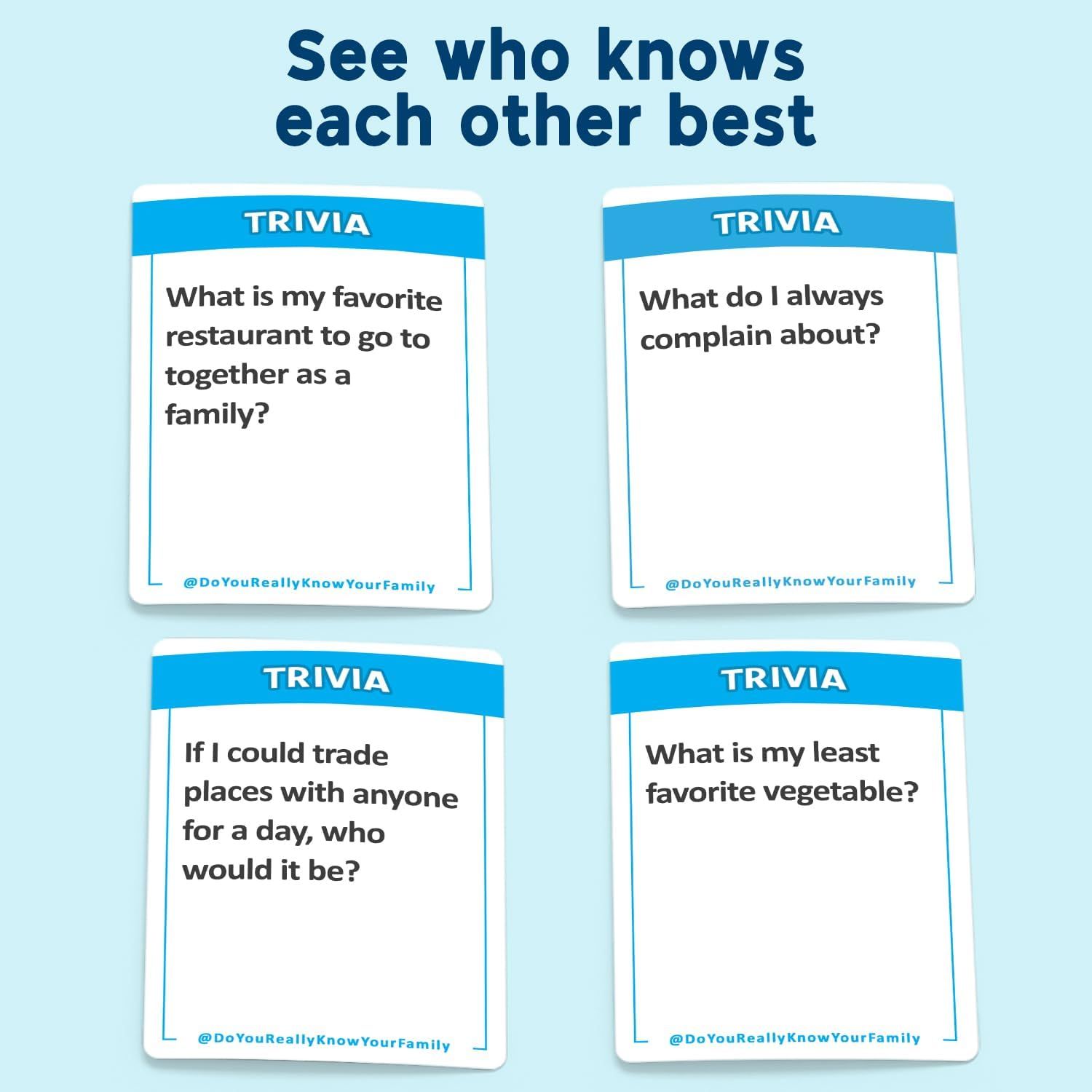 Demonstrates multiple ways the trivia card game can be used to help family members learn about each other through different question prompts.