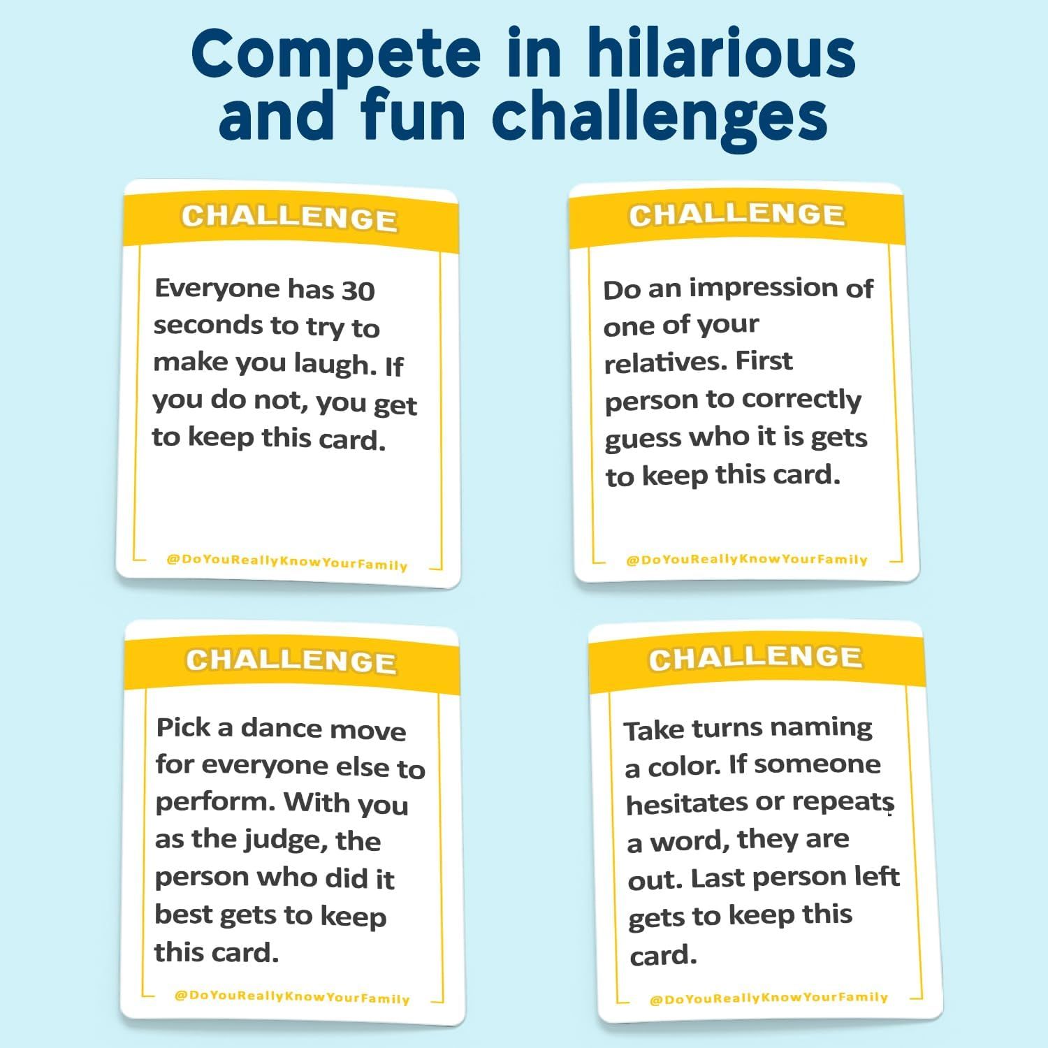 Demonstrates multiple ways to play and engage with the product by showing four different challenge scenarios, highlighting the product's versatility and entertainment value.