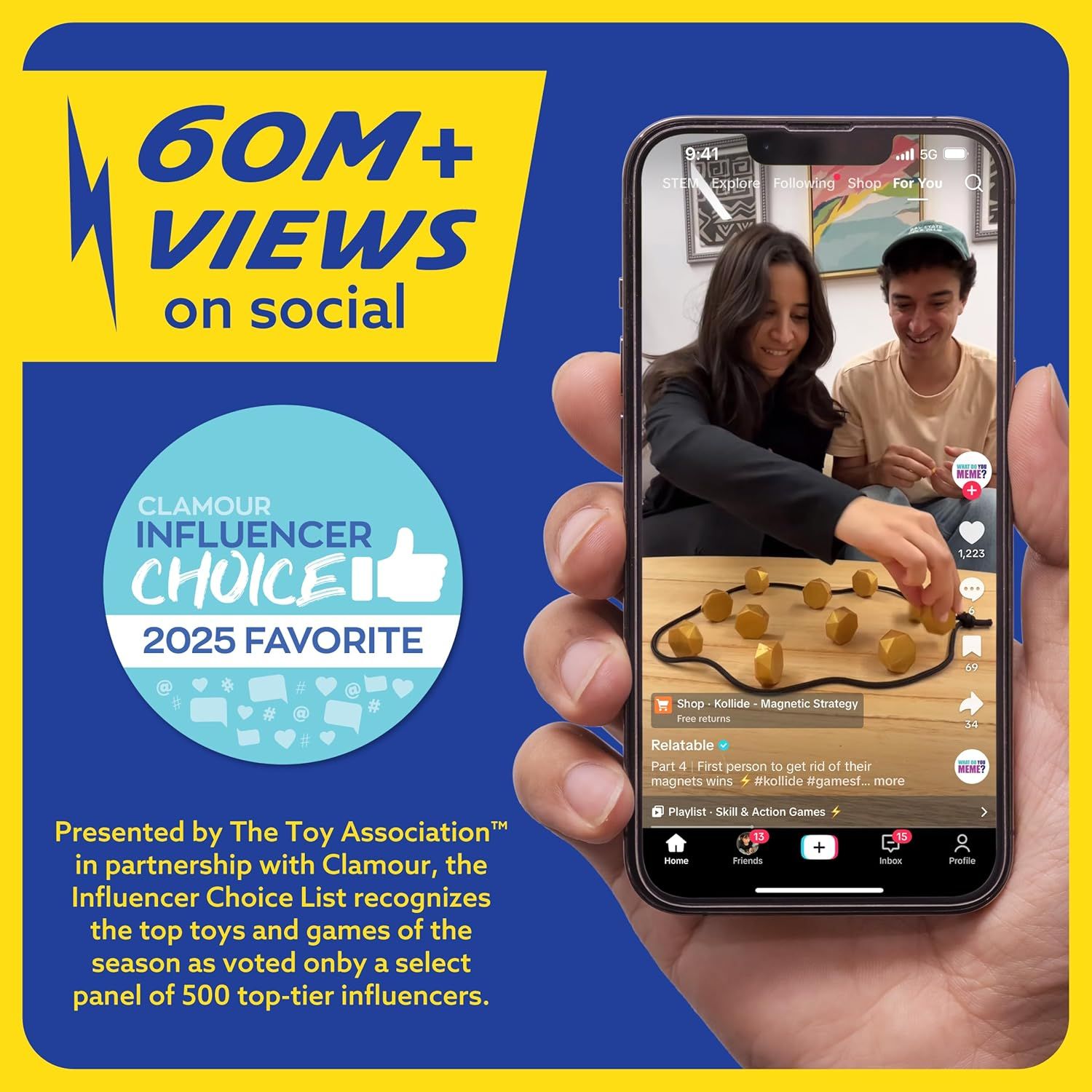 Communicates the product's massive social media reach and popularity to build credibility and social proof with shoppers. Highlights third-party recognition from Glamour and The Toy Association to…