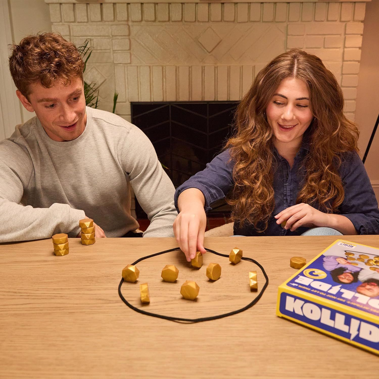 Demonstrates the product being enjoyed in a real-world home setting to help shoppers visualize the game as part of quality time with friends or family.
