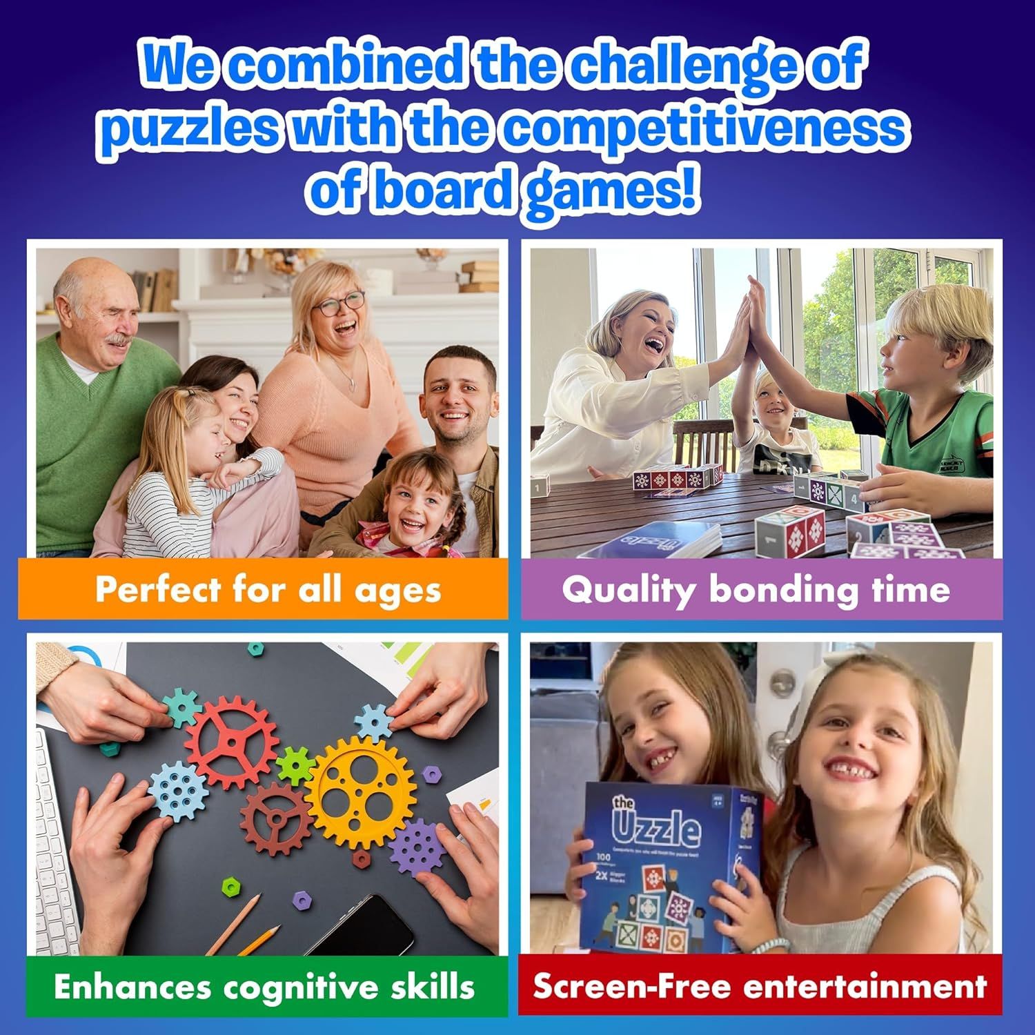 Communicates multiple key benefits of the product in a segmented layout: suitable for all ages, promotes quality family time, enhances cognitive skills, and provides screen-free entertainment.