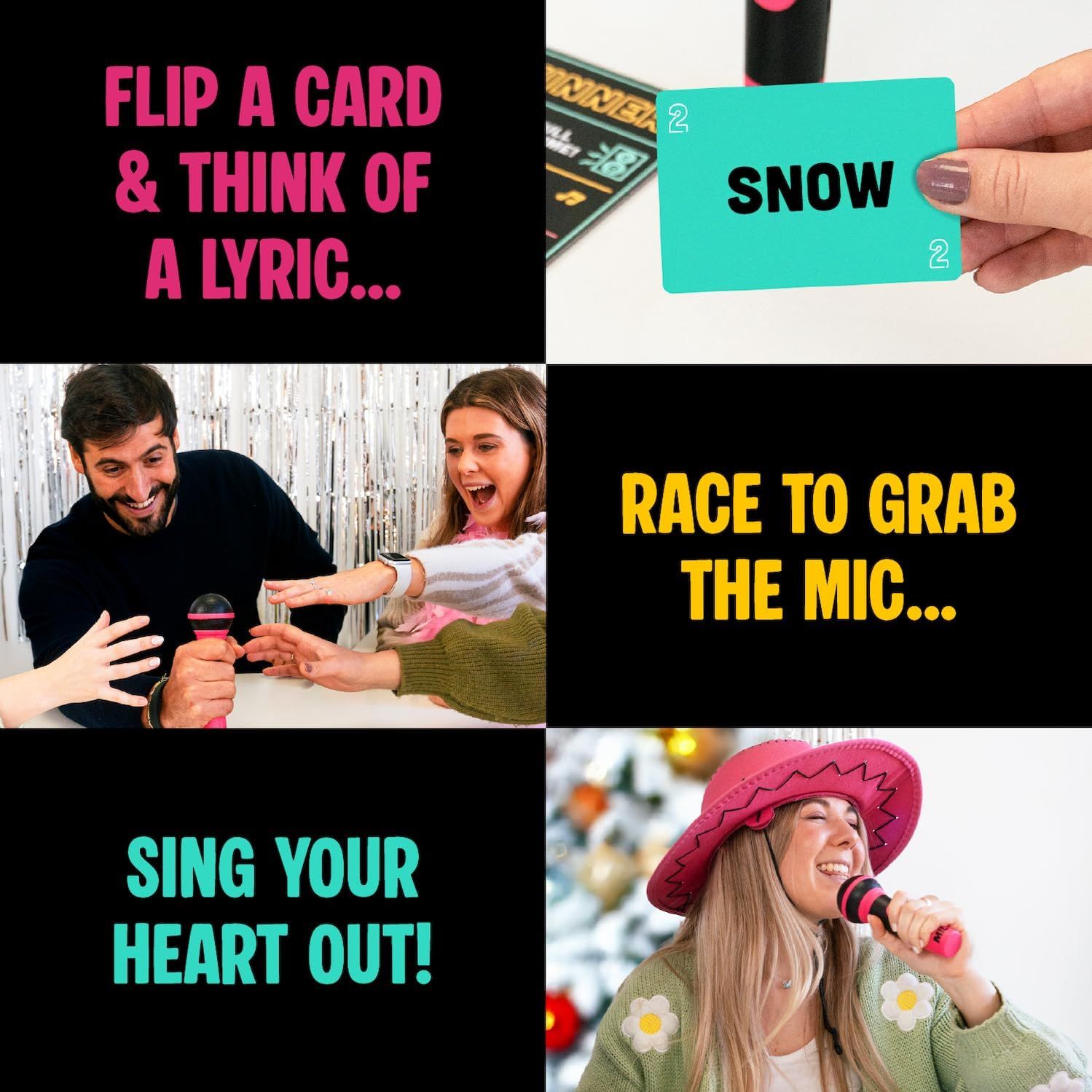 Explains how to play the karaoke game in three sequential steps: flip a card to get a lyric prompt, race to grab the microphone, and sing the song. Communicates ease of use and fun gameplay flow.