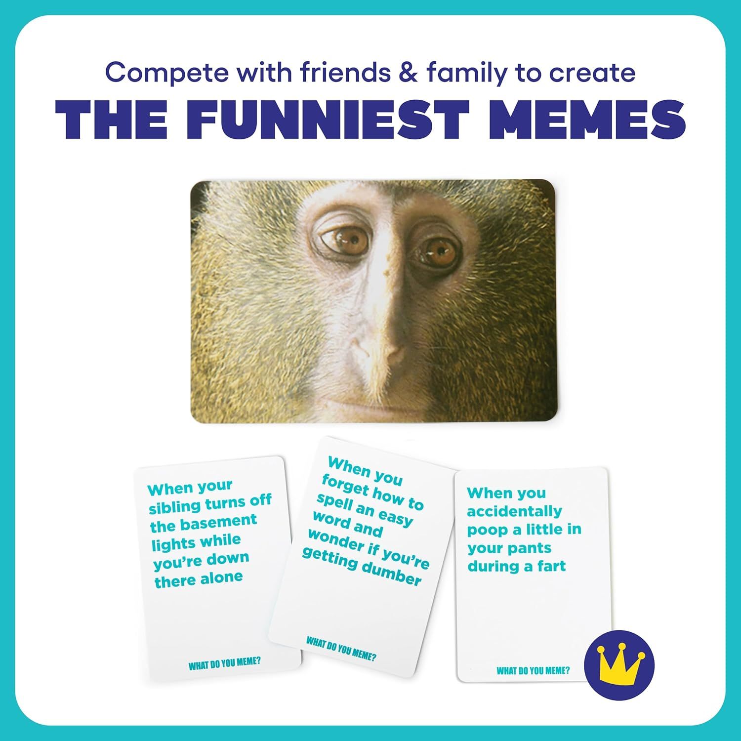 Demonstrates multiple ways the meme game can be used by showing three different example scenarios, highlighting the product's versatility for social entertainment.