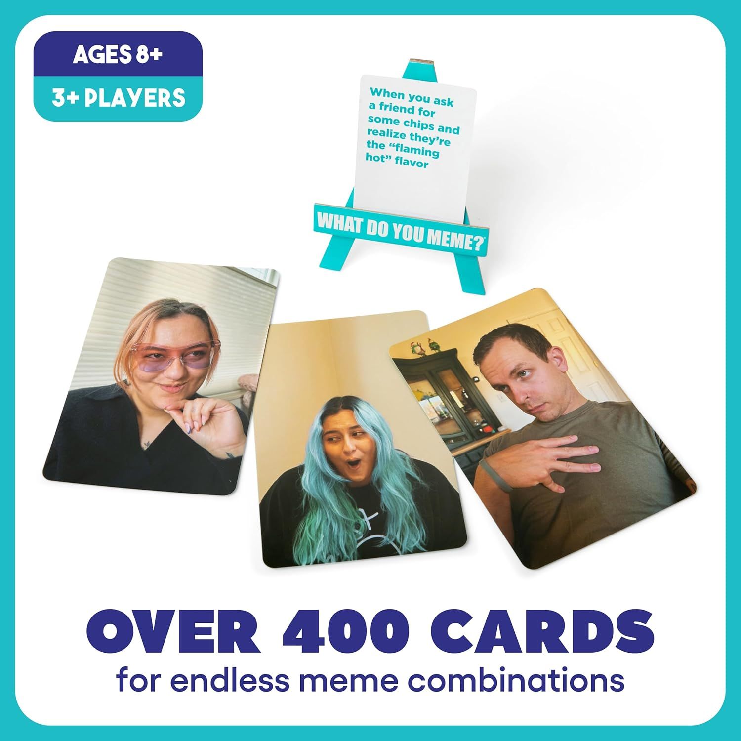 Highlights the large quantity of cards included (400+) to communicate the product's extensive content and replayability value. Shows sample game cards and what type of content is included in the…