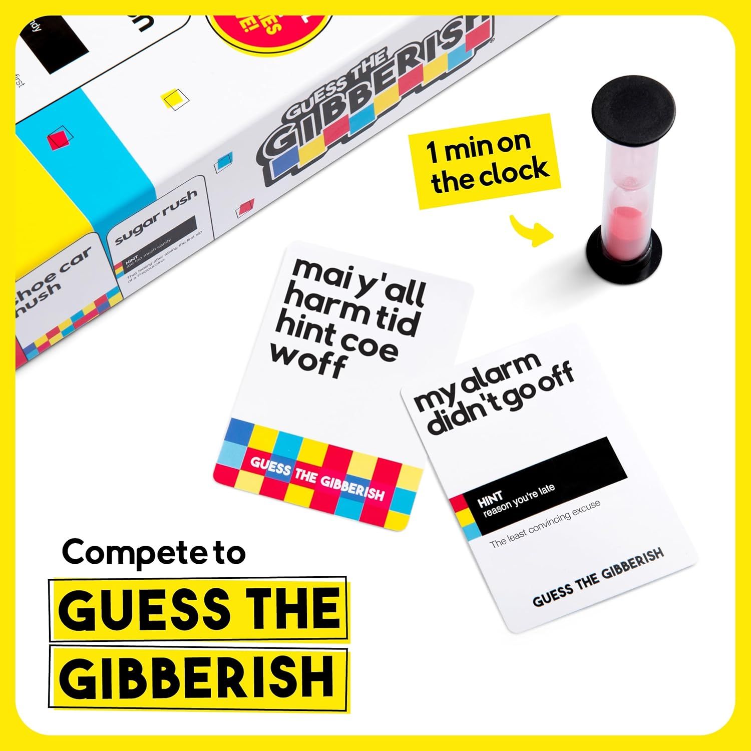 Explains how to play the game by showing the 1-minute timer mechanic and demonstrating the core gameplay of guessing gibberish phrases.