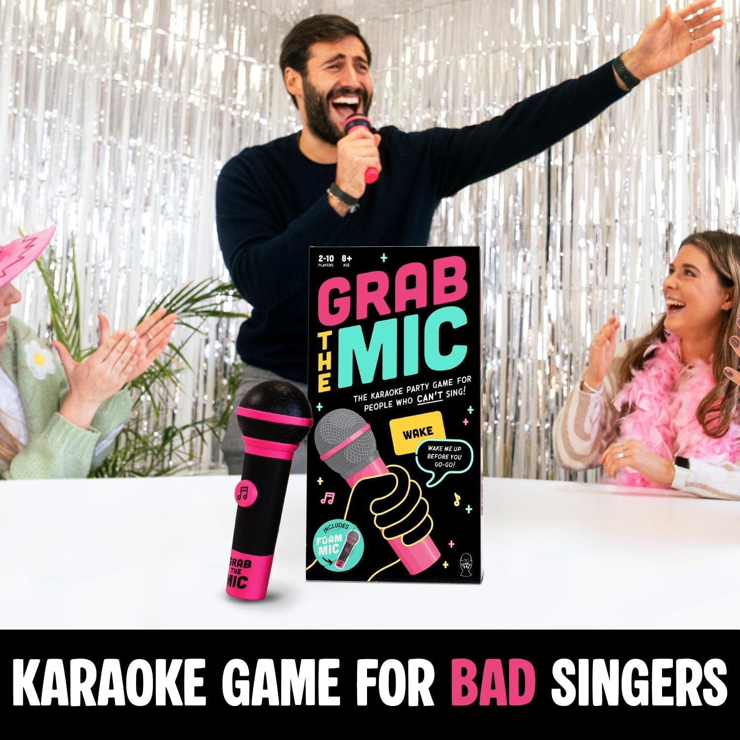 Communicates the core benefit and unique selling proposition of the karaoke game: it's designed specifically for people who can't sing, making it fun and inclusive for everyone at parties.