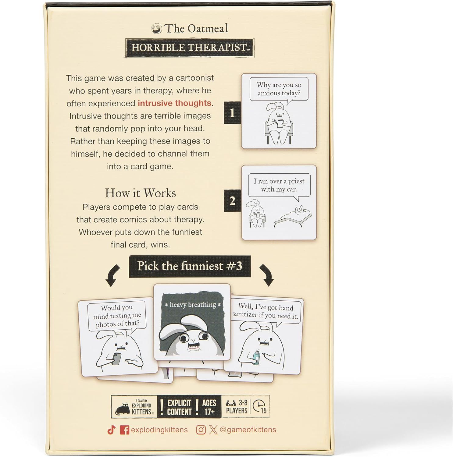 Explains how to play the card game through a clear three-step instructional layout, helping shoppers understand the gameplay mechanics before purchase.
