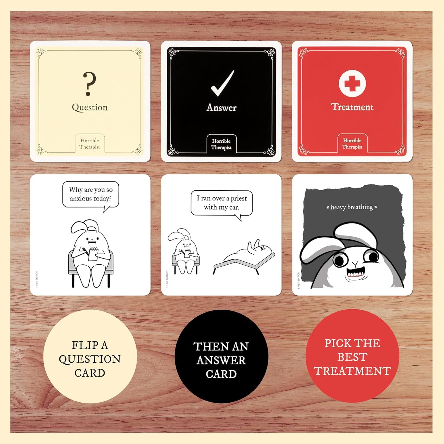 Shows shoppers what's included in the game package by displaying the three different card types (Question, Answer, Treatment) and example cards to help them understand the gameplay format and…