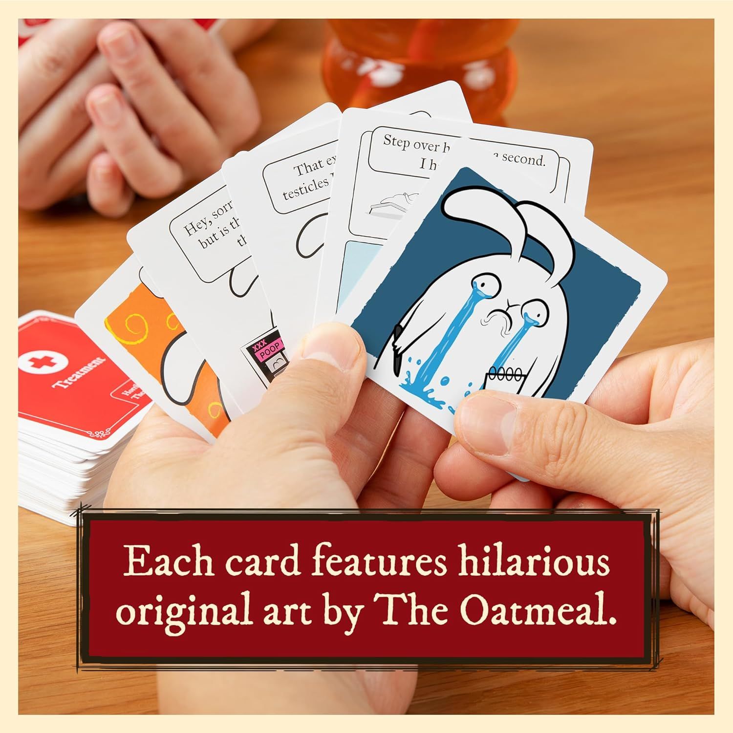 Shows the customer what the card game includes, specifically highlighting that each card features hilarious original art by The Oatmeal to communicate the quality and entertainment value of the game…