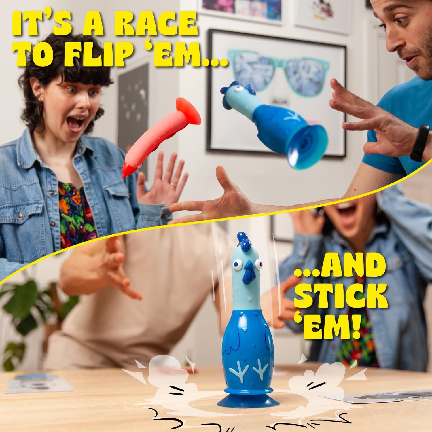 Demonstrates the two-step gameplay mechanic of the product—flipping the pieces in the air and sticking them onto the target—to show shoppers how the game works and communicate its fun, interactive…