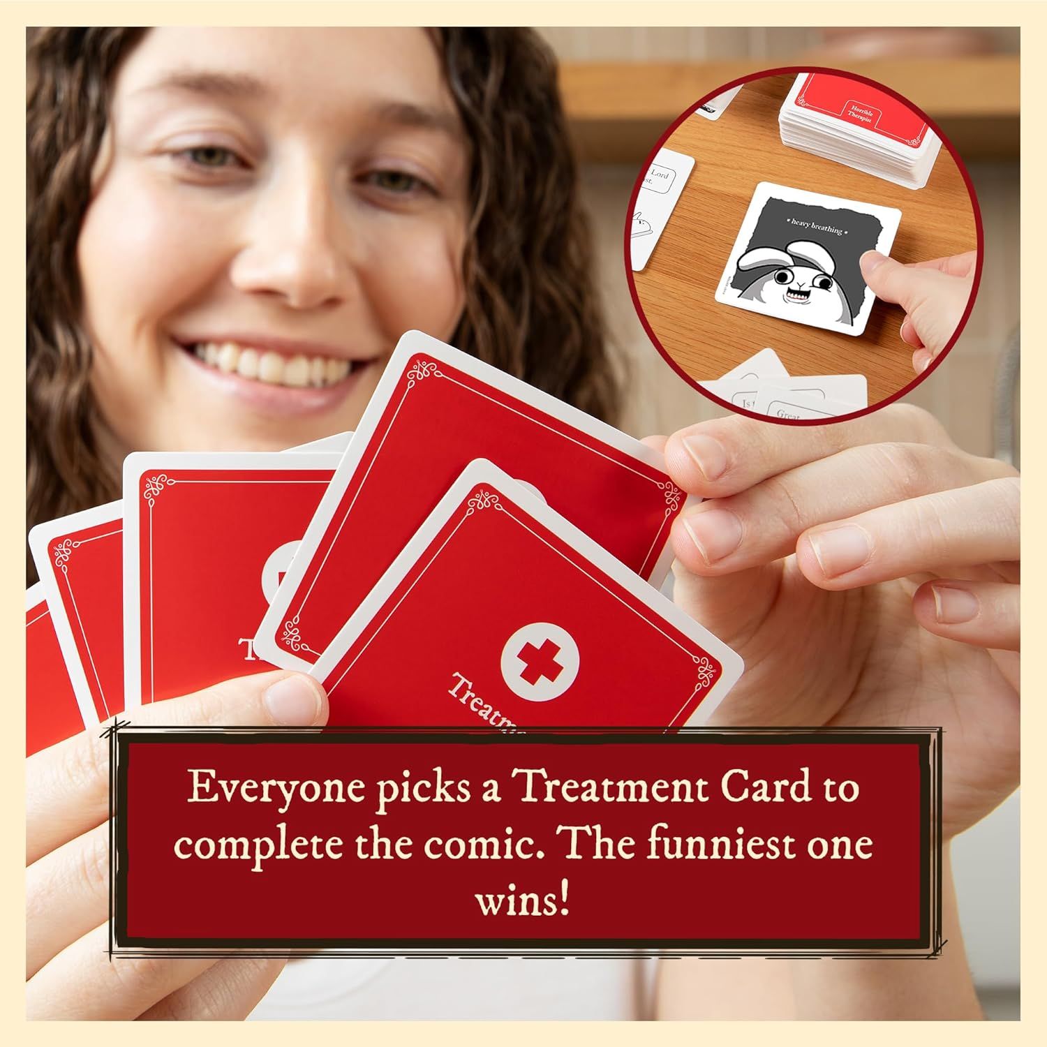 Explains how to play the card game by showing the step-by-step process: players pick treatment cards to complete comics, and the funniest combination wins. Highlights the fun, social nature of the…