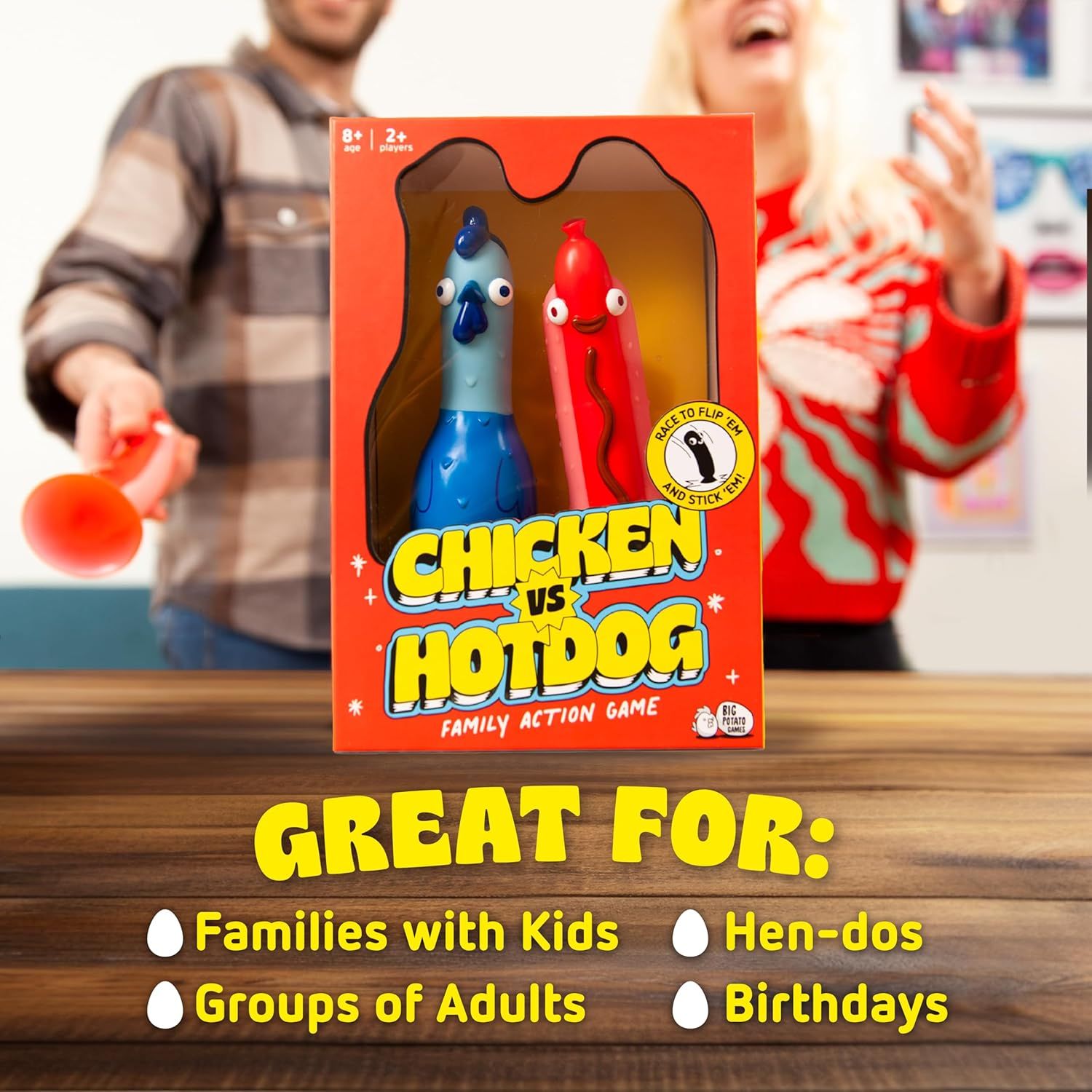 Demonstrates the versatility of the game by showing multiple occasions and audiences it's suitable for—families with kids, adult groups, parties, and birthdays—to broaden its appeal and help…