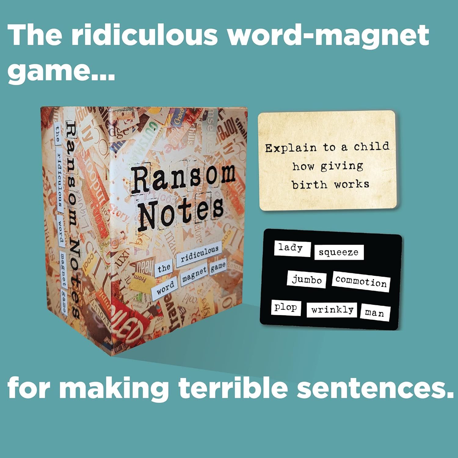 Demonstrates multiple ways to use the word-magnet game by showing example prompts and word combinations, helping shoppers understand the product's versatility and entertainment value.
