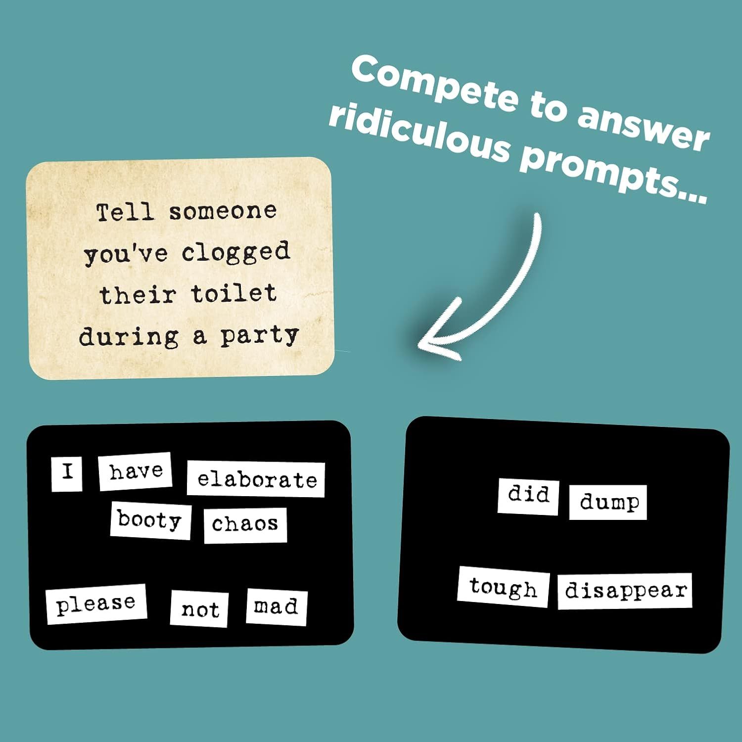 Demonstrates the product's interactive game functionality by showing a sample prompt and word options, communicating that it provides entertaining party game content.