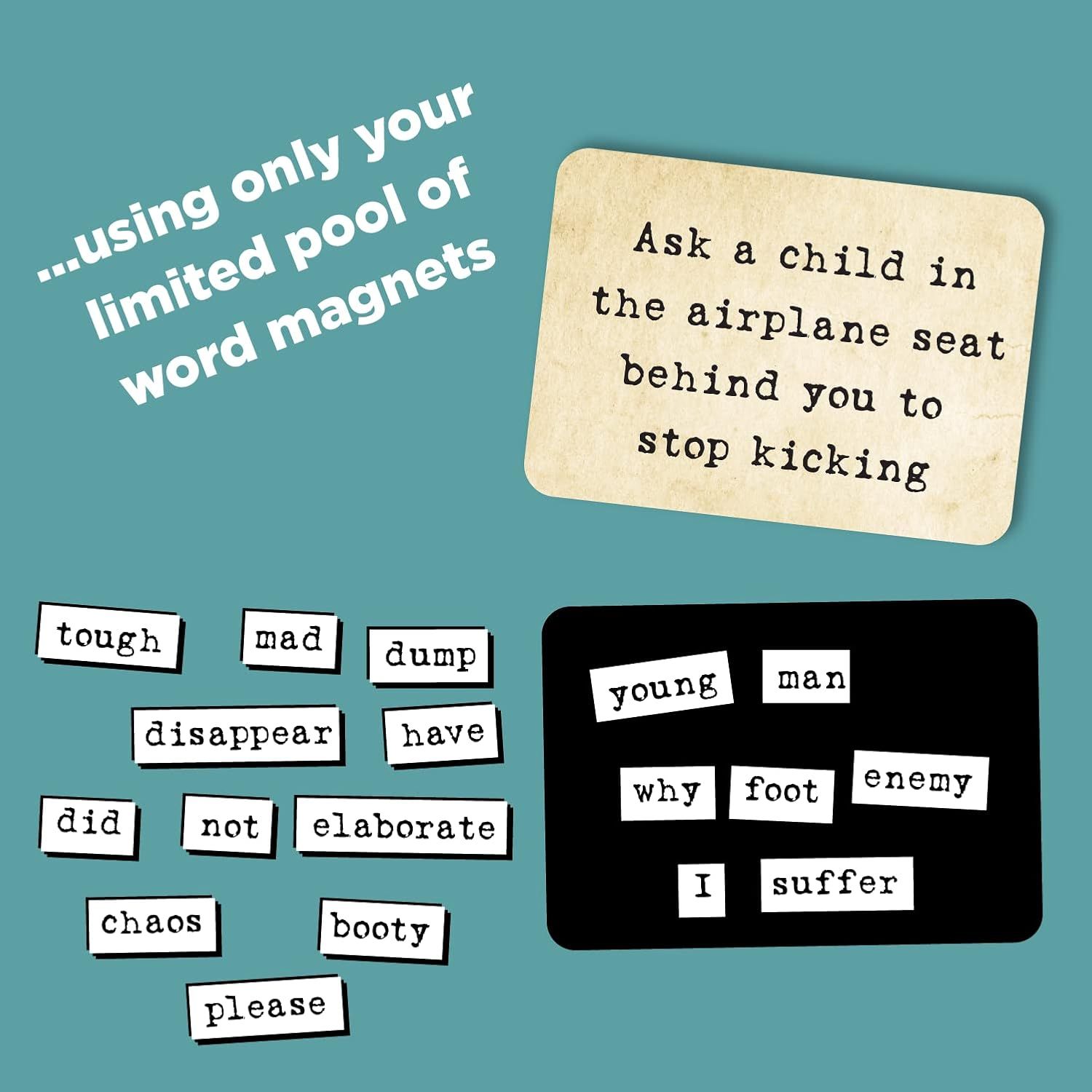 Demonstrates how to use the product (word magnets) in a humorous, creative way by showing an example scenario and the words available to construct messages.