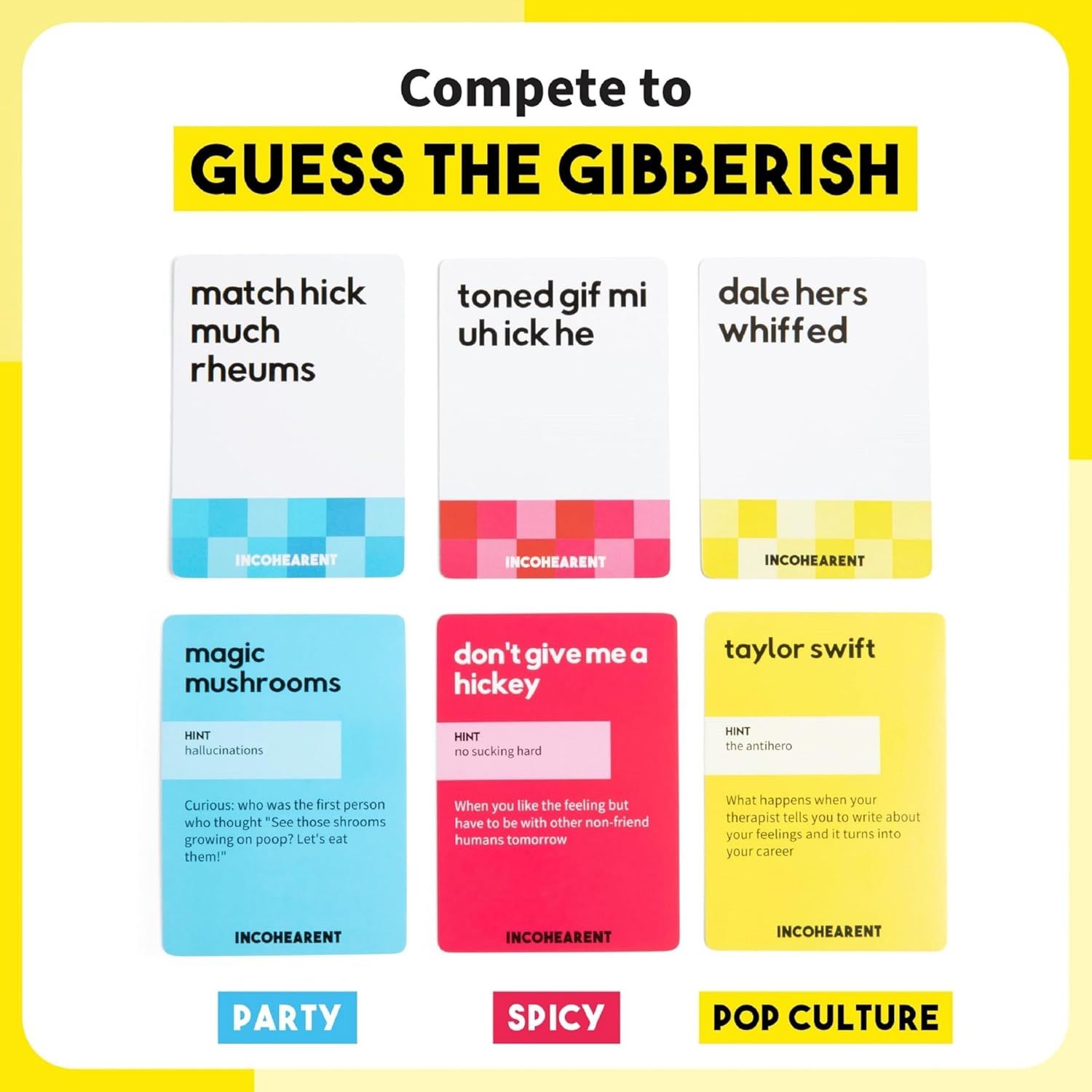 Demonstrates the variety of game card categories and play scenarios available, showing shoppers the product's versatility and replayability across different social settings.