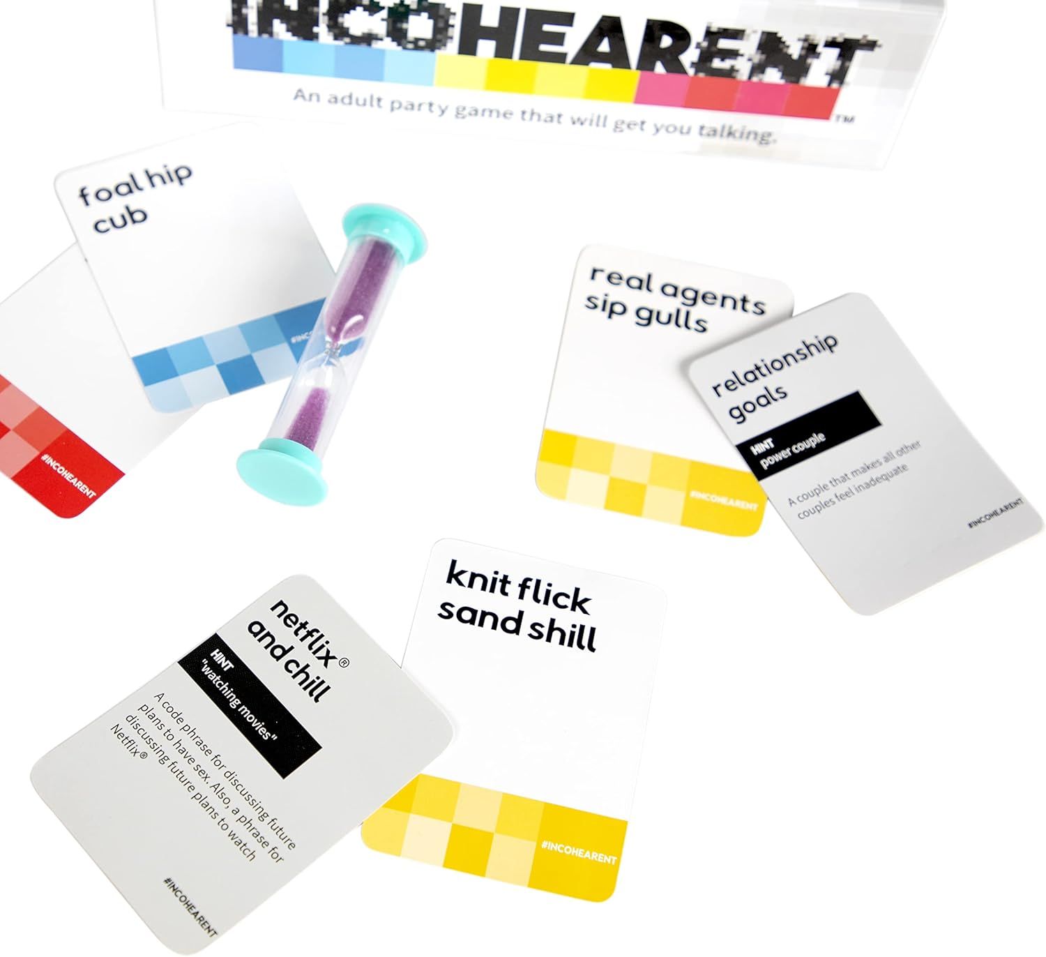 Shows shoppers what comes in the box—game cards with humorous phrases and a sand timer—to help them understand the complete contents of this adult party game.