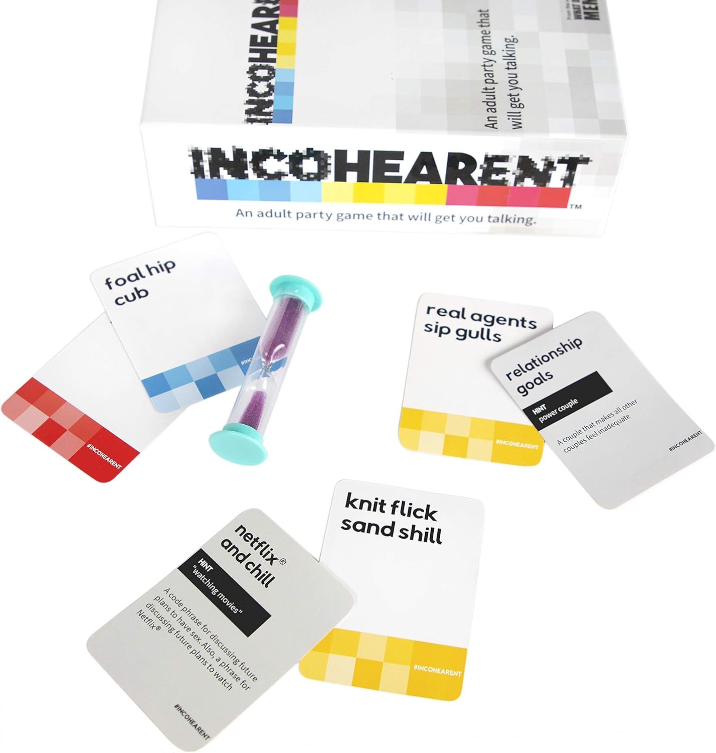 Shows all the components included in the party game package—cards with different prompts and a timer—to help shoppers understand what they receive when they purchase the product.
