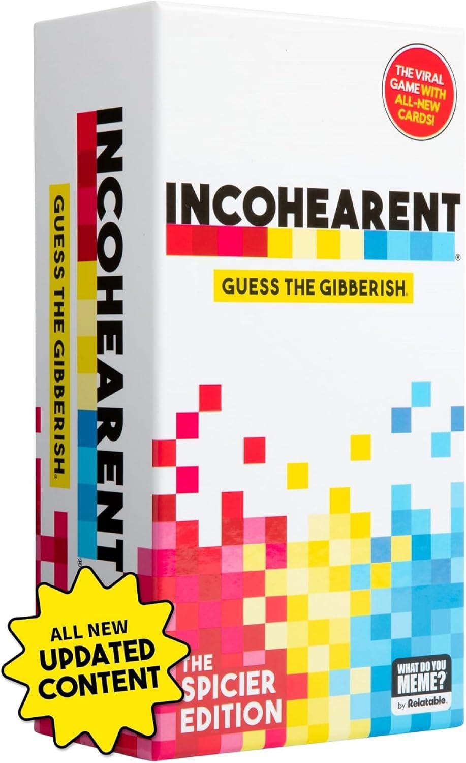 Showcases the product packaging and branding for the Incohearent game, highlighting that this is an updated edition with new content to attract both new and returning customers.