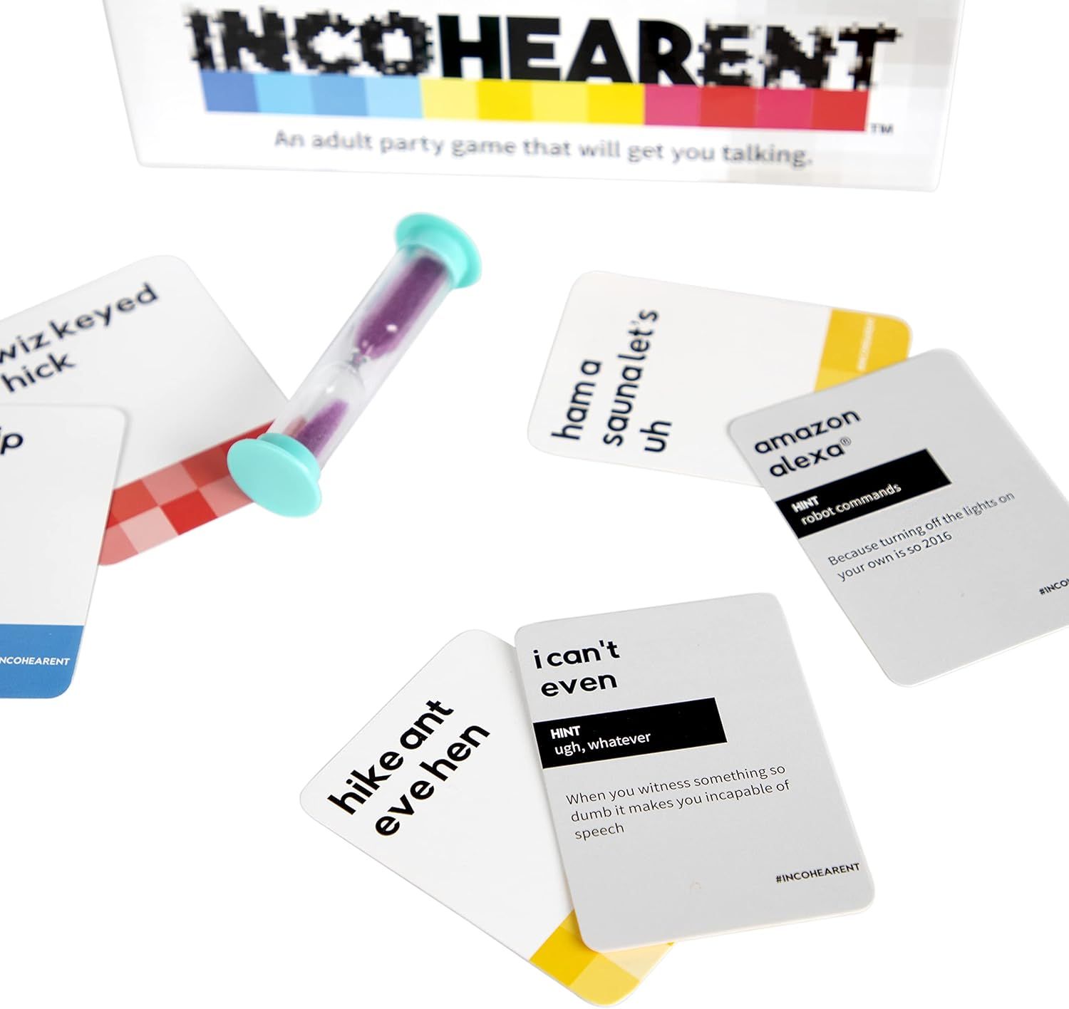 Shows shoppers what's included in the party game package, including the timer, various game cards with phrases and hints, to help them understand the complete contents they'll receive.