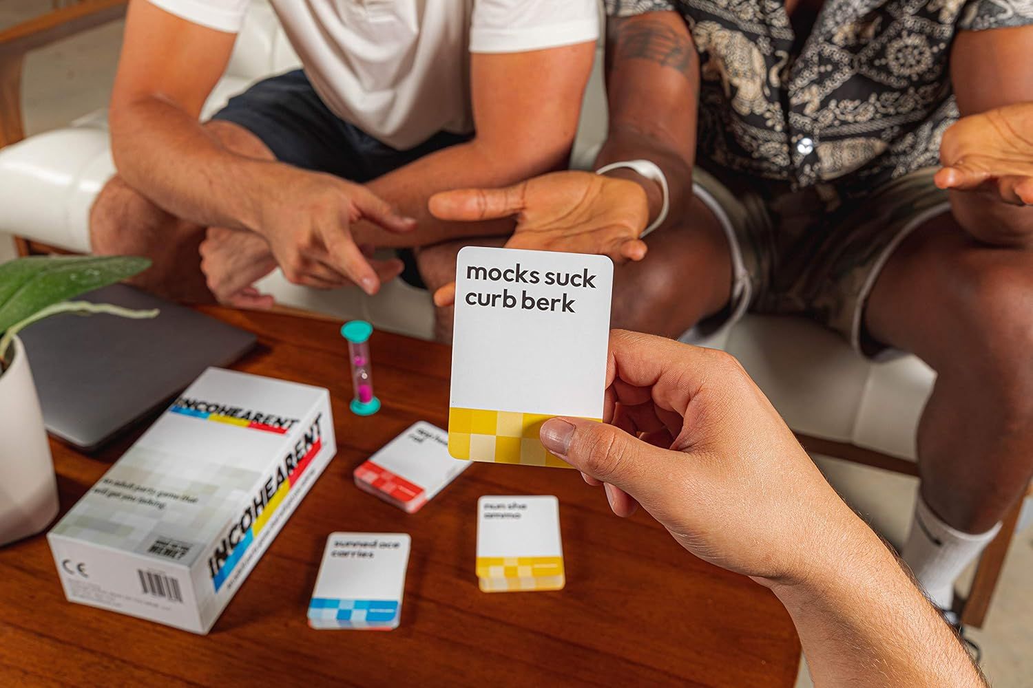 Shows the product being enjoyed in a real social setting with friends or family, demonstrating its role as a fun group activity or party game.