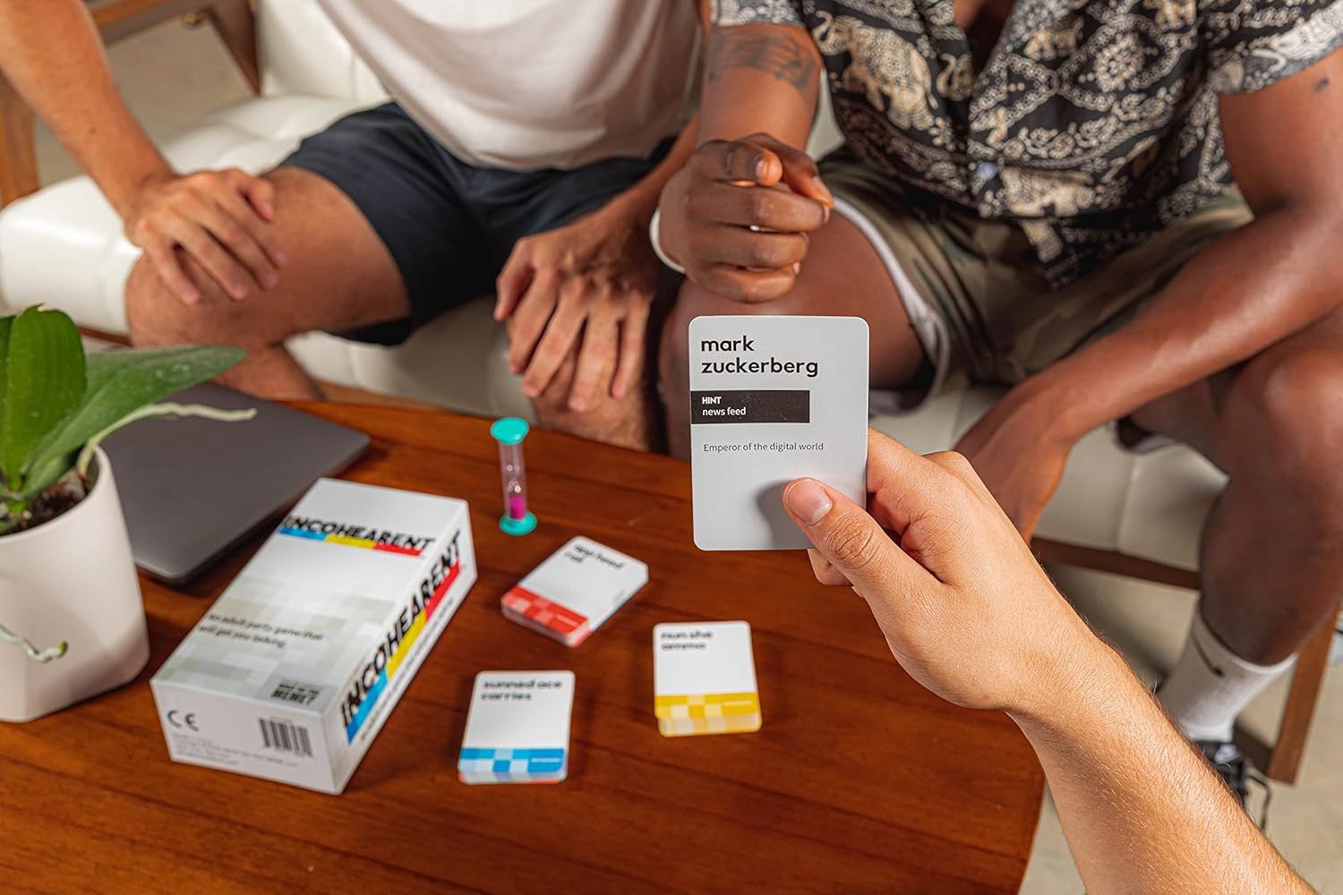 Demonstrates the product being enjoyed in a casual, social setting to help shoppers visualize how the game fits into everyday life and group entertainment.