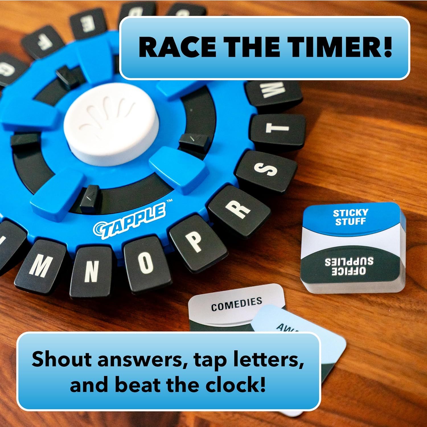 Explains how to play the game by showing the core mechanic: shout answers, tap letters on the timer wheel, and race against the clock to win. Highlights the exciting, time-pressured nature of the…
