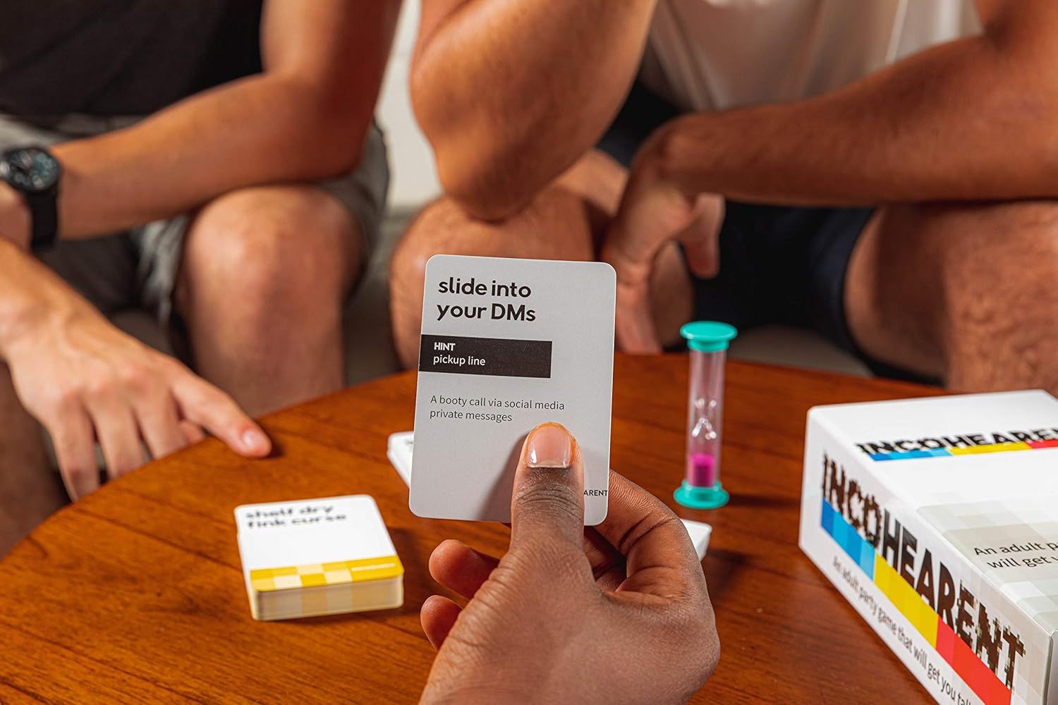 Demonstrates the product being used in a natural social setting to show shoppers how the game fits into real-life gatherings and creates engaging moments with friends.
