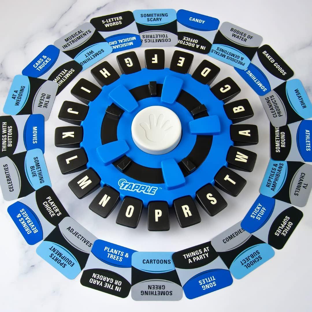 Shows all the components included in the game package, helping shoppers understand what they receive and how the game is structured with its letter wheel and category cards.