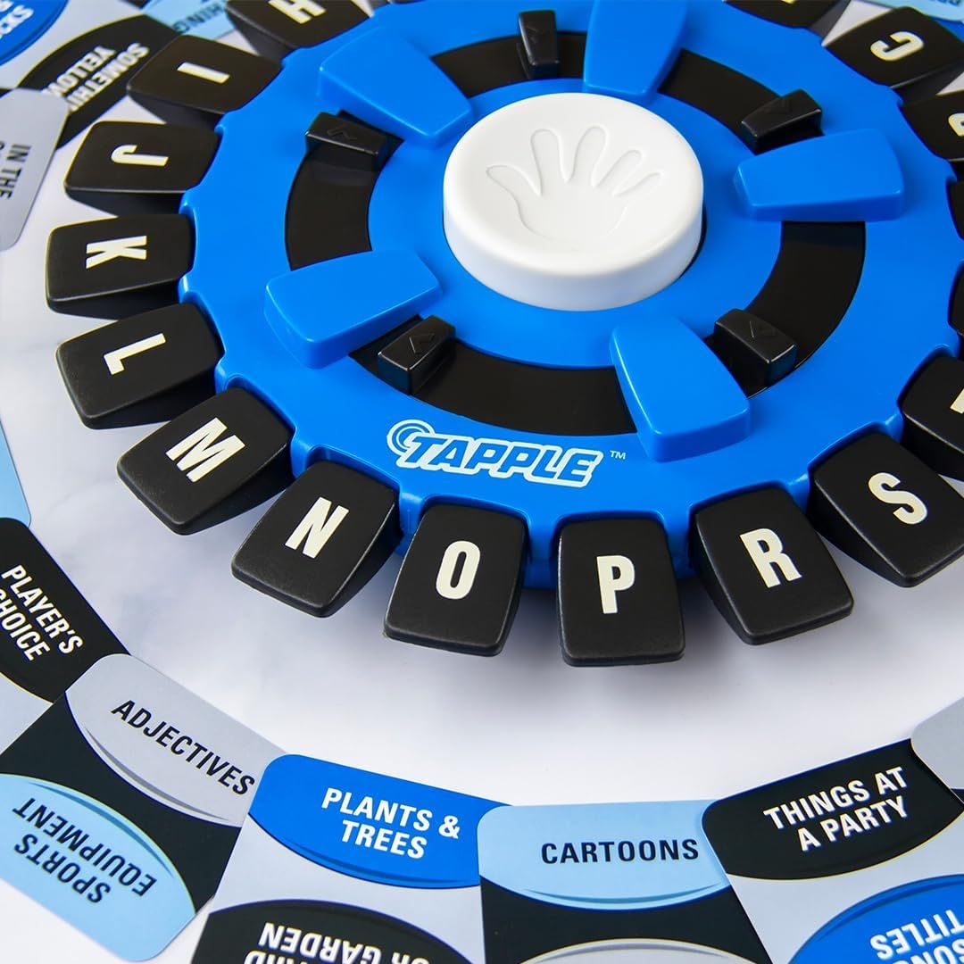 Provides a clean, catalog-style view of the product showing the circular letter wheel game with its blue frame, black letter tiles, and white center button.