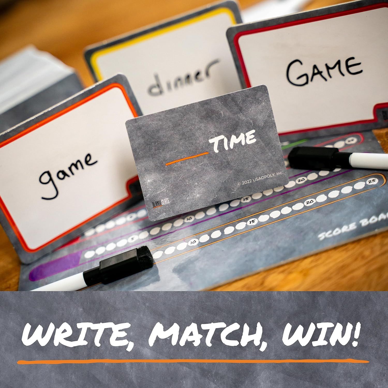 Explains how to play the game by showing the write-in cards and game board, communicating the simple 'write, match, win' gameplay mechanic to help shoppers understand how the product works. Shows…