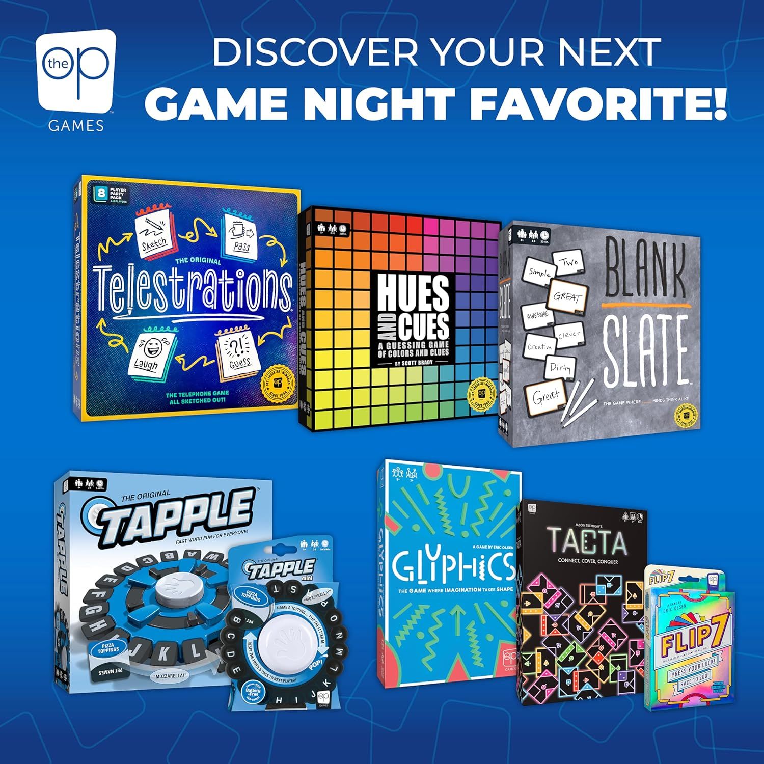 Showcases the brand's product lineup to help shoppers discover and choose from multiple game options available from The OP Games.
