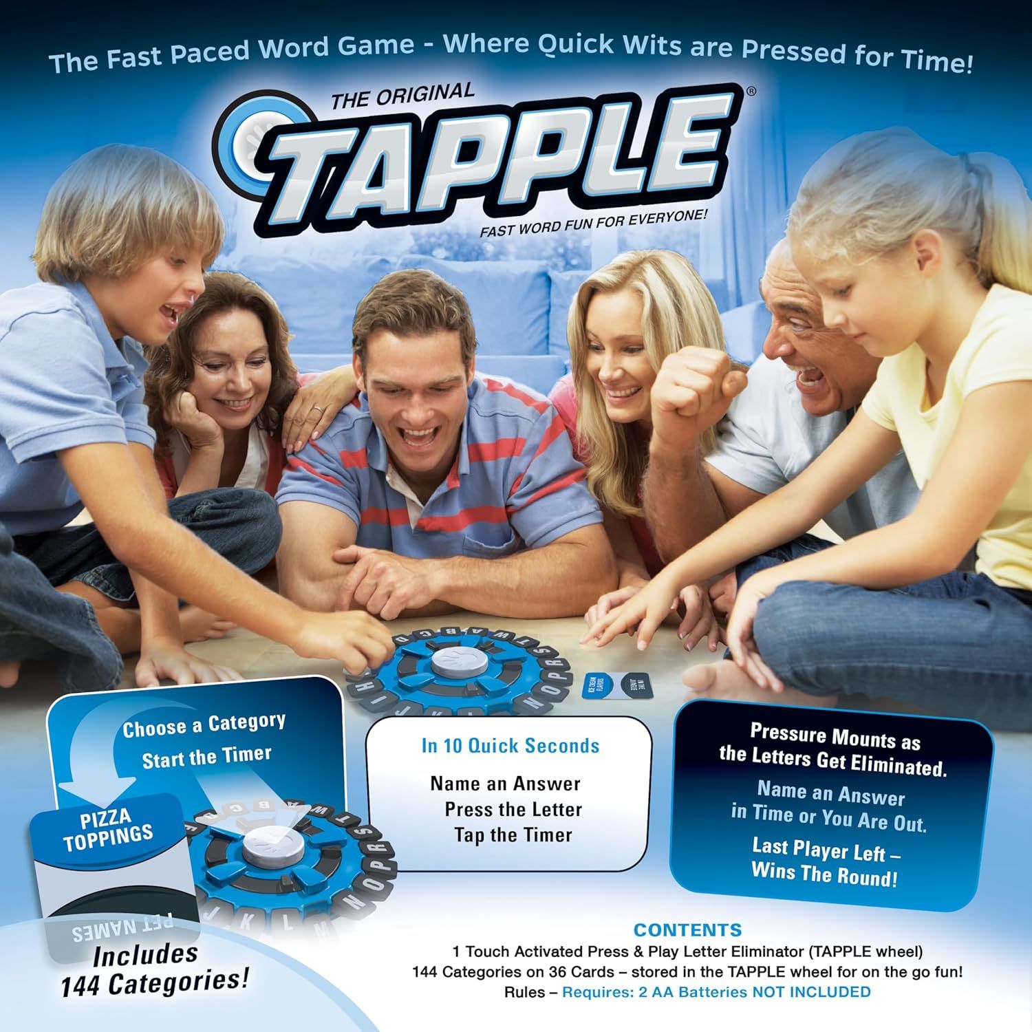Explains the step-by-step gameplay mechanics to help shoppers understand how to play the Tapple word game, from choosing a category to winning the round.