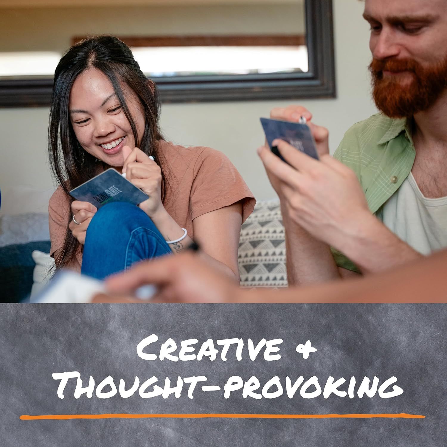 Demonstrates the product's use as a social activity or game that brings people together for creative, engaging, and thought-provoking entertainment. Highlights the product's core benefit of…