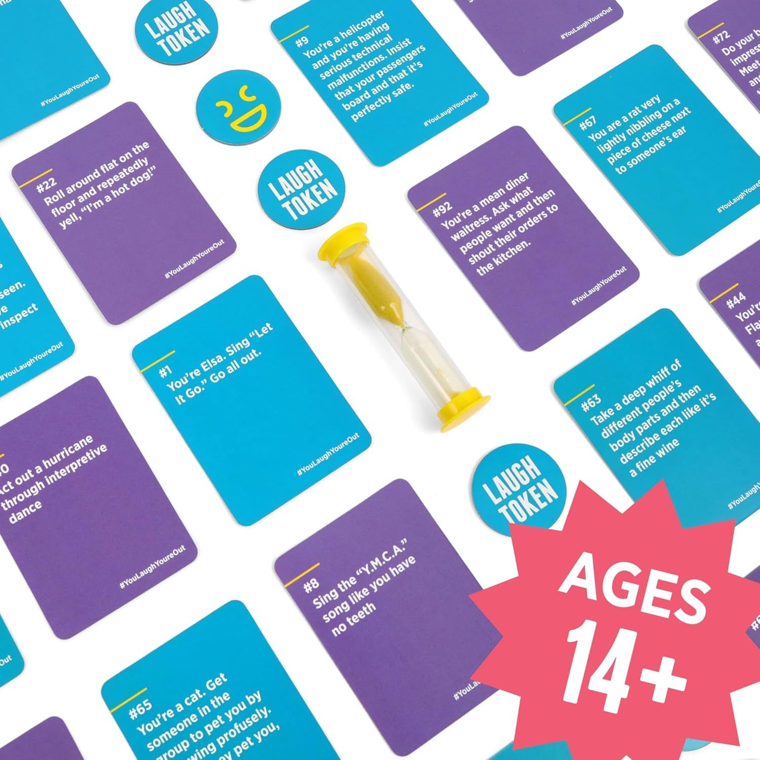 Shows all the components included in the game package (cards, timer, tokens) to help shoppers understand what they receive and how the game is played.