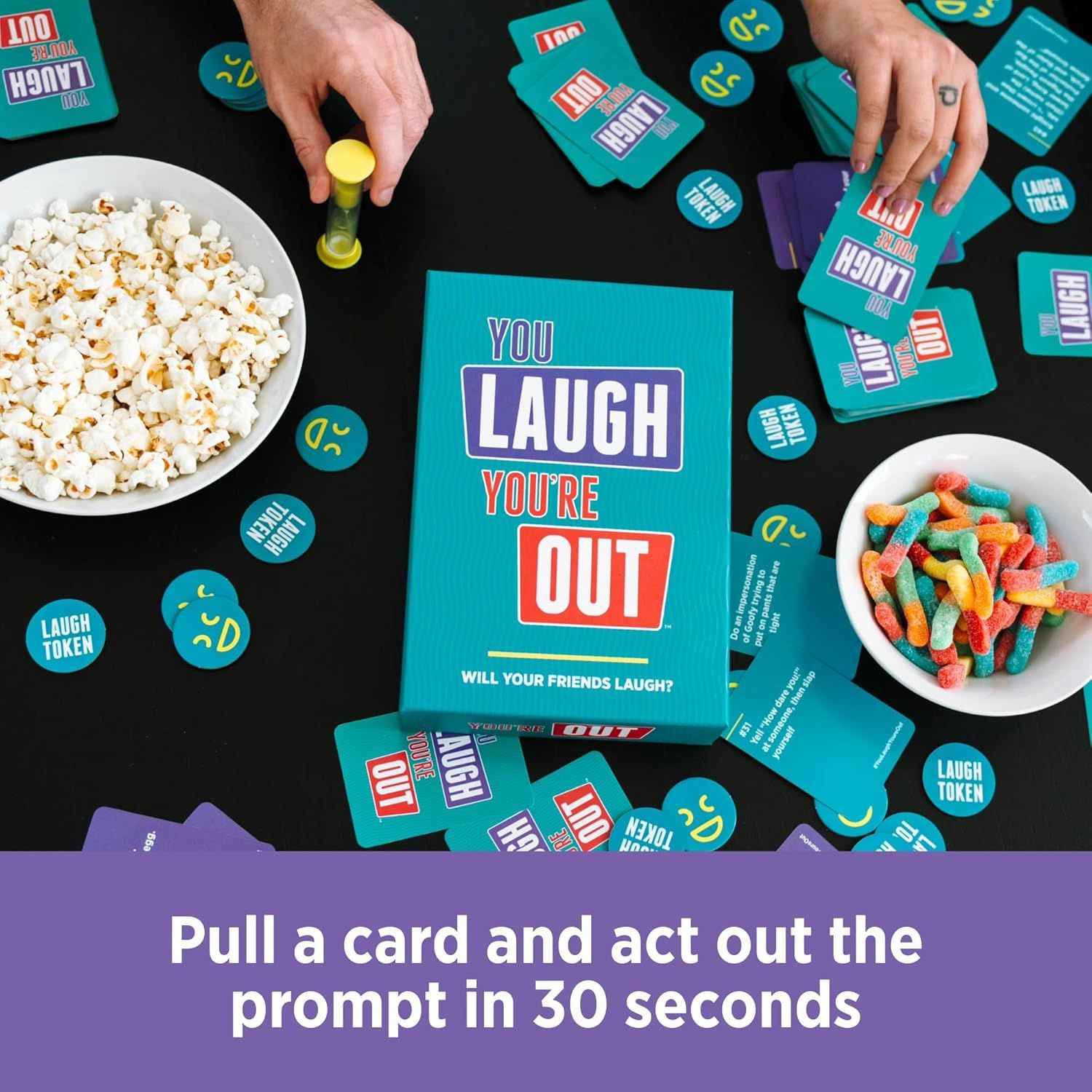 Explains how to play the game by showing the simple one-step instruction to pull a card and act out the prompt within 30 seconds, making it easy for shoppers to understand gameplay.
