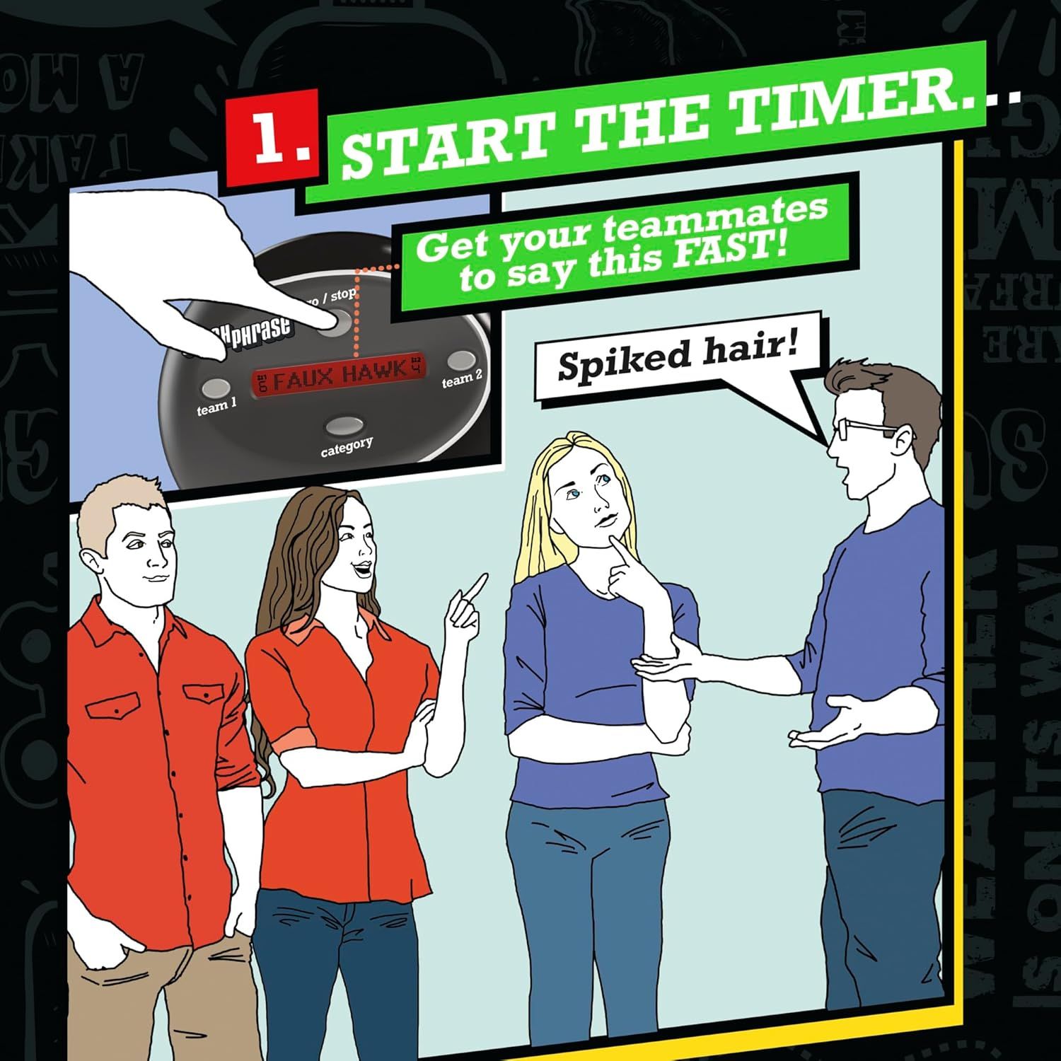 Explains the first step of gameplay, instructing users to start the timer and get teammates to say a phrase quickly, demonstrating how the party game works.