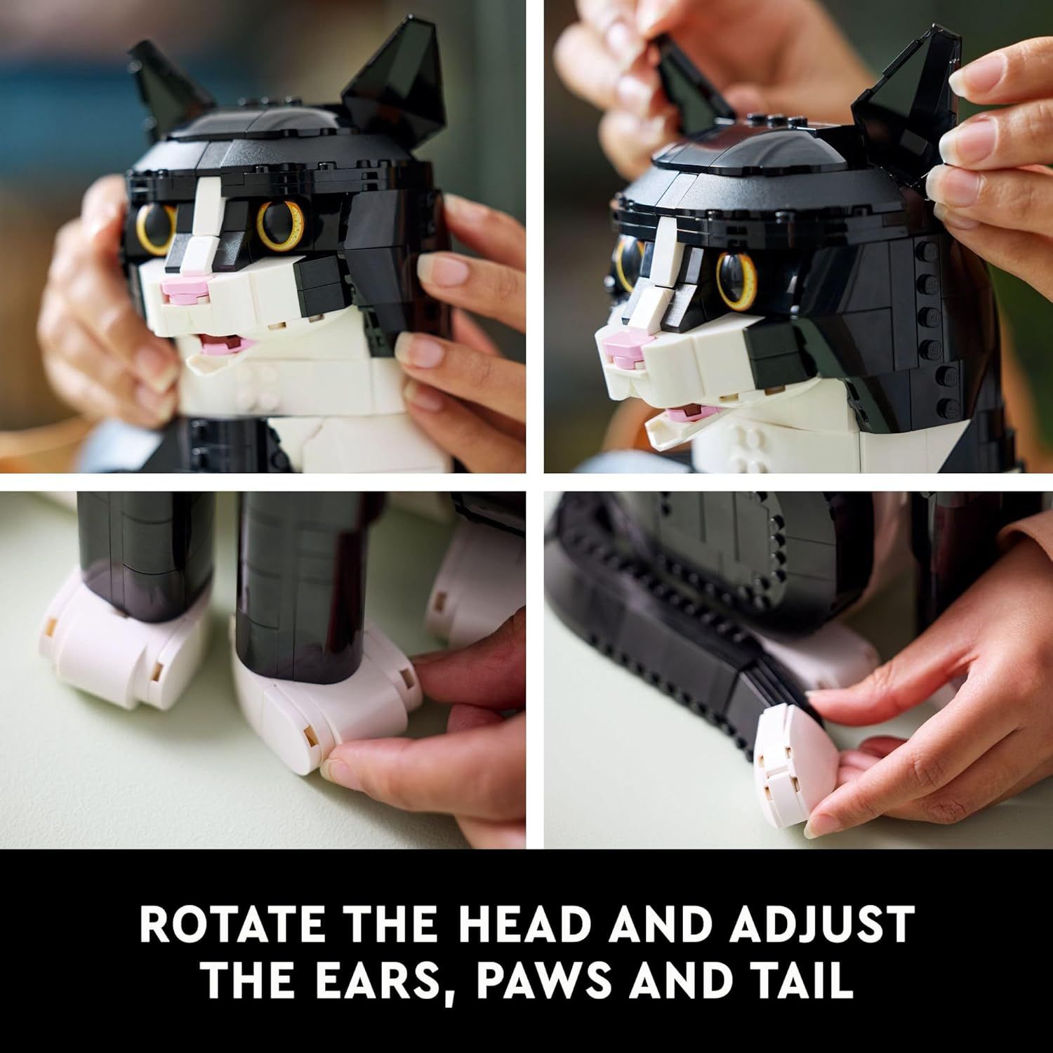 Demonstrates the interactive play features of the buildable cat figure, showing shoppers that the head, ears, paws, and tail can be rotated and adjusted for customizable posing. Highlights the key…