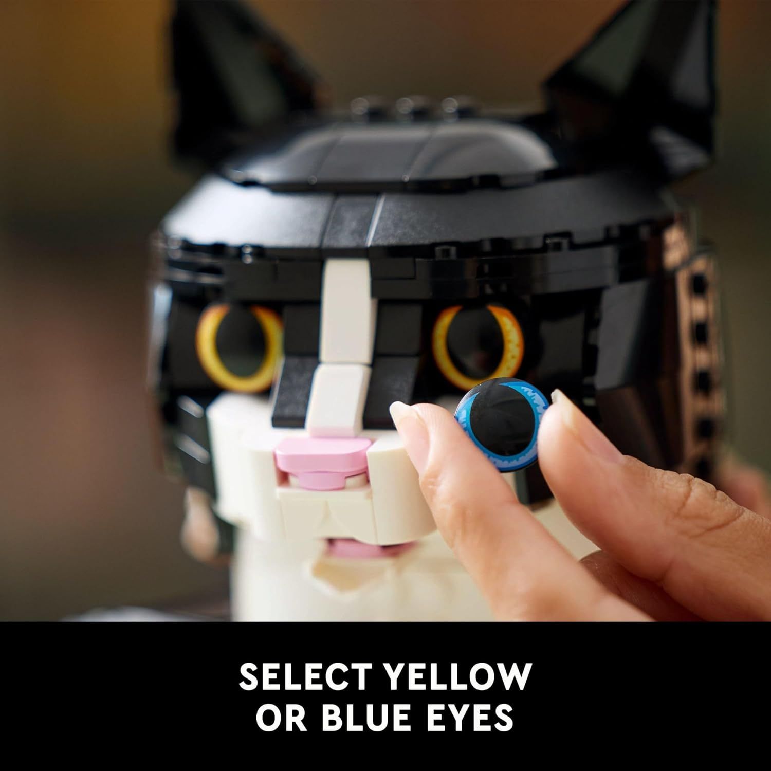 Communicates that the product offers customization options, allowing shoppers to choose between yellow or blue eye colors for the LEGO-style figure. Highlights the customization feature as a key…