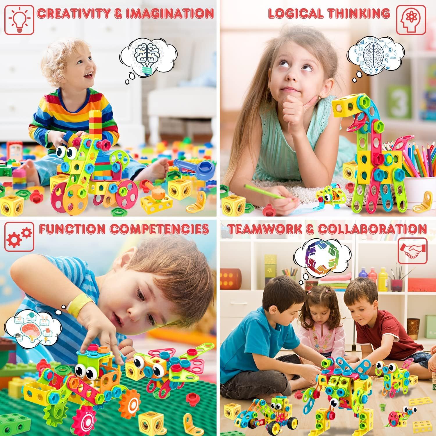 Communicates the educational and developmental benefits of the toy product by showcasing four distinct learning outcomes: fostering creativity, building logical thinking skills, developing…