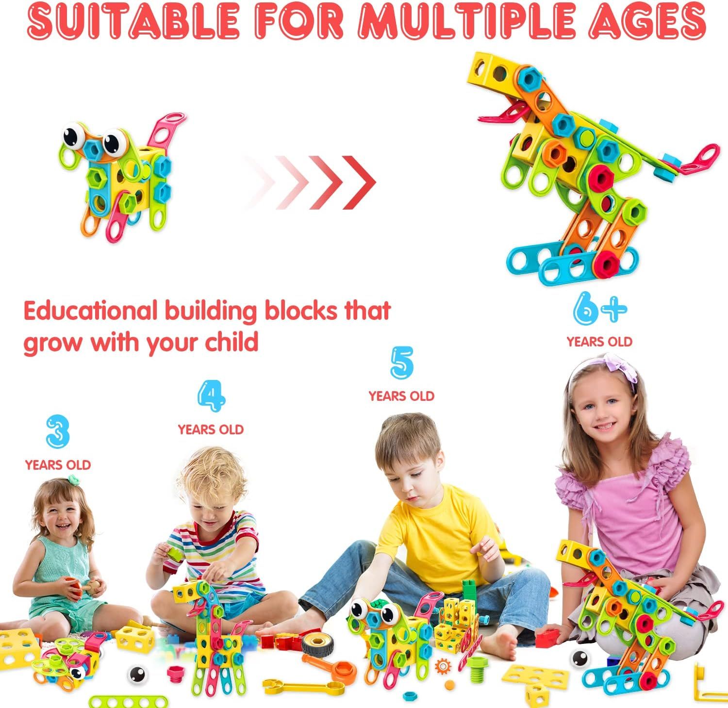 Demonstrates that the building blocks are suitable for children across multiple age ranges (3, 4, 5, and 6+ years old), showing how the product grows in complexity with the child's development.