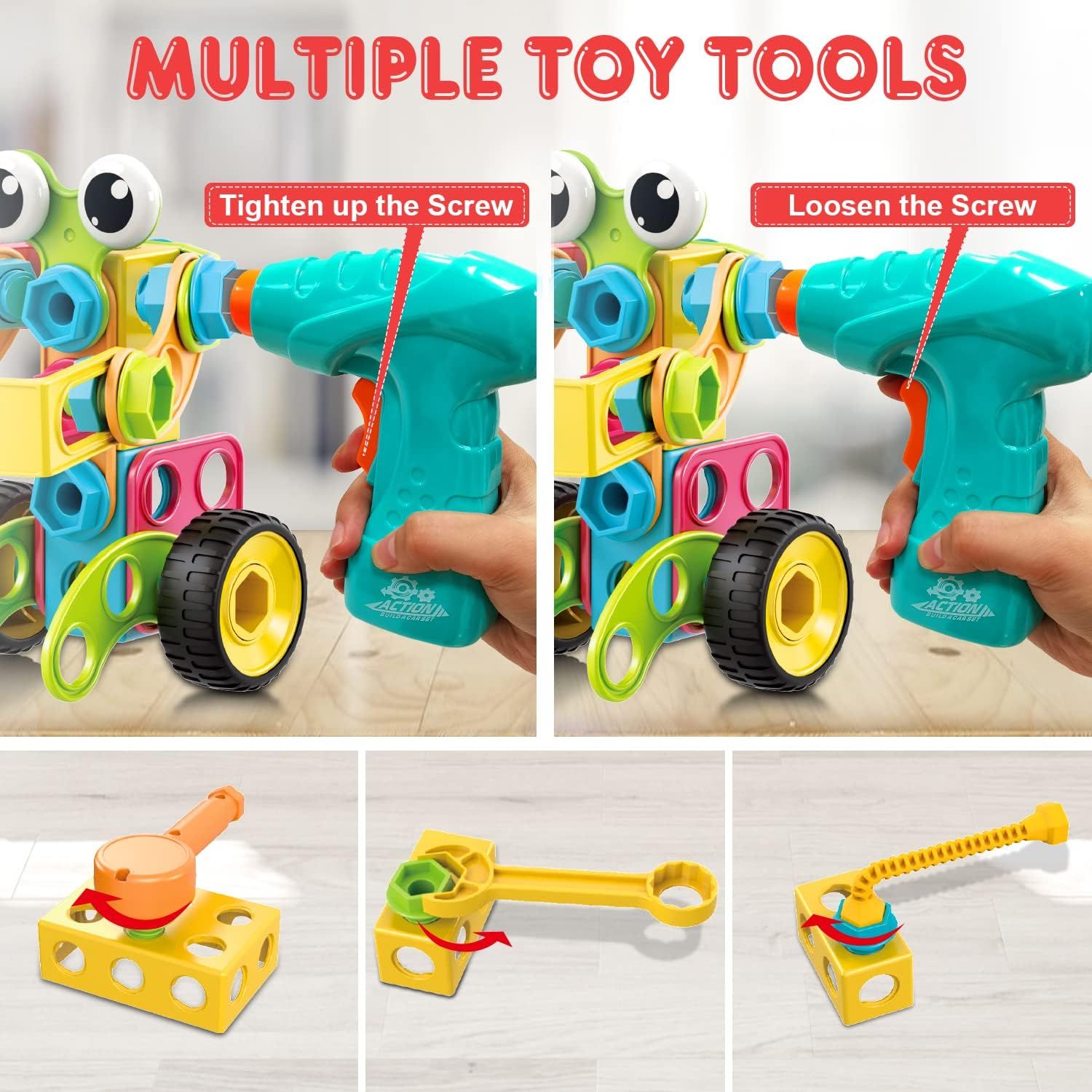 Demonstrates how to use the toy drill tool to tighten and loosen screws, teaching children basic tool mechanics through play. Shows the variety of toy tools included and the different ways children…