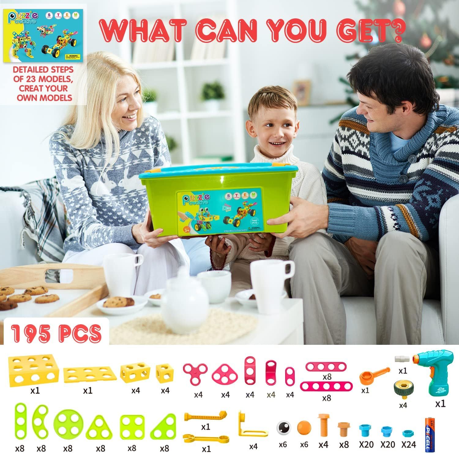 Shows the complete contents of the building kit, including all 195 pieces and accessories, to help shoppers understand the full value and variety of what they will receive. Positions the product as…