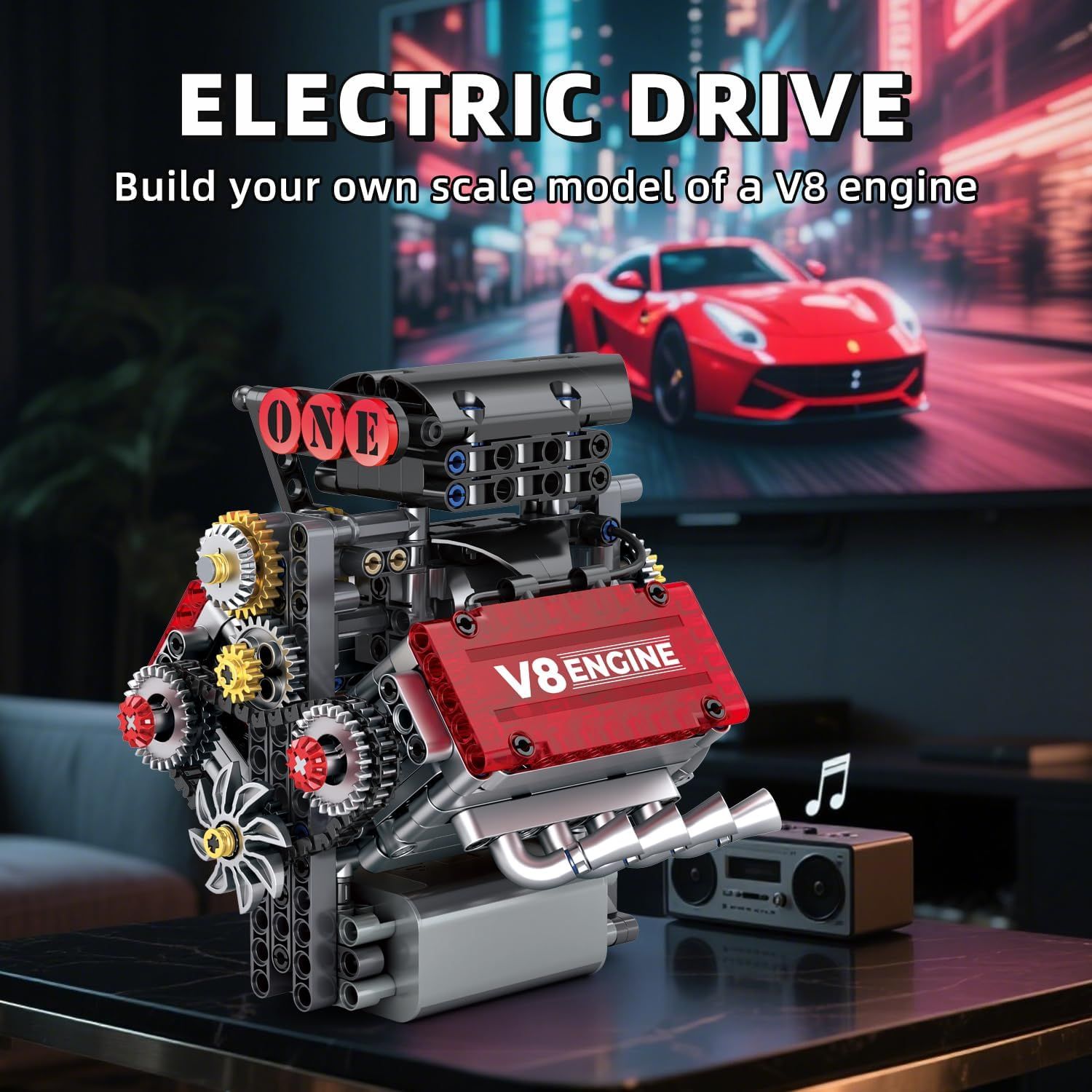 Highlights the product's key benefit as a buildable scale model V8 engine kit, appealing to hobbyists and enthusiasts who want a hands-on construction experience.