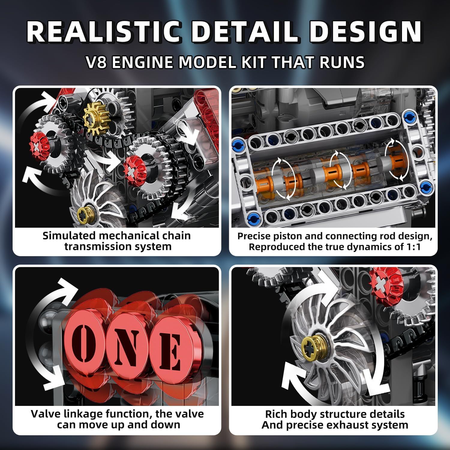 Showcases the realistic engineering details and functional mechanical components of the V8 engine model kit across multiple distinct features to demonstrate authenticity and quality.