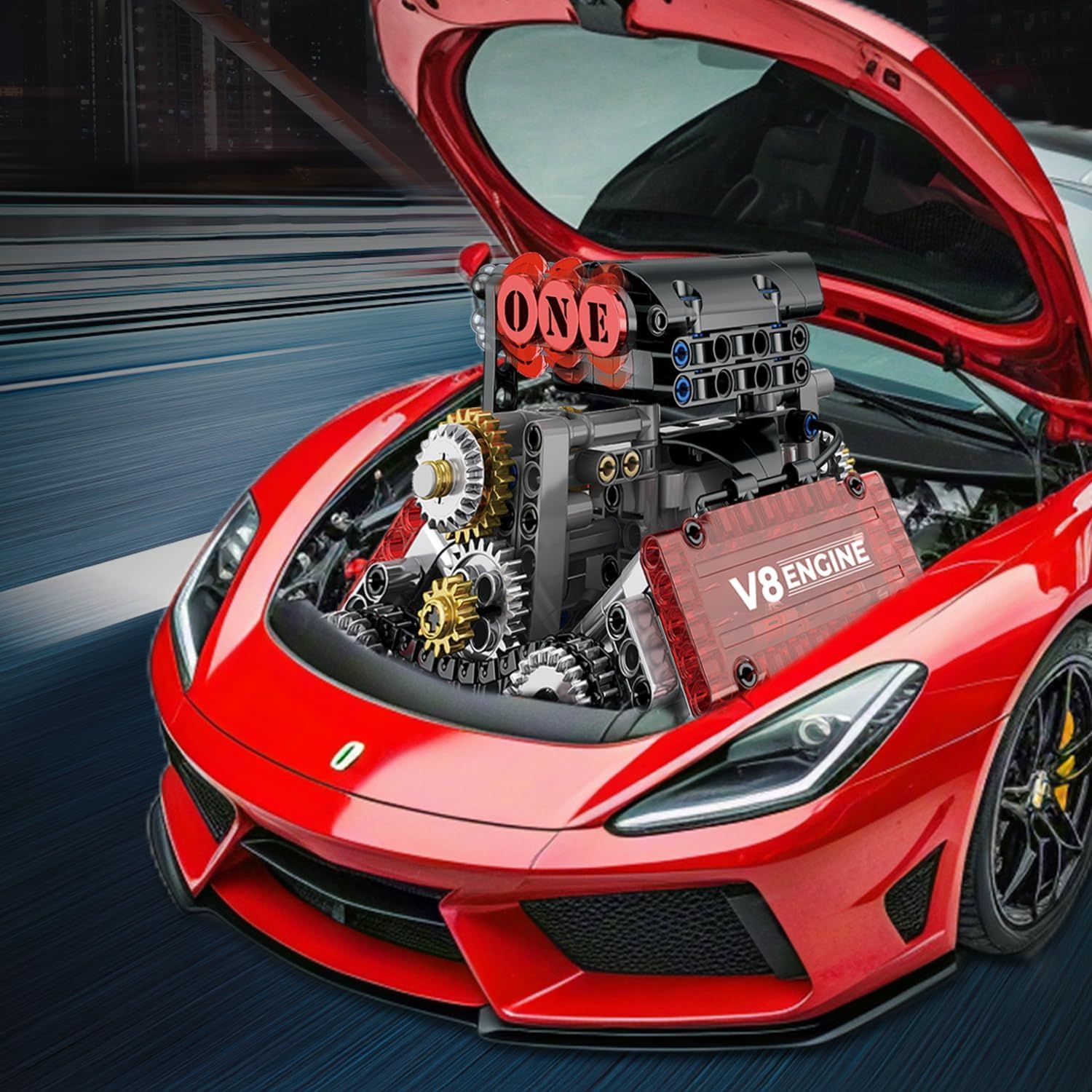 Showcases the internal mechanical components and engine structure of the product, highlighting the V8 engine and intricate gear system to emphasize engineering quality and performance.